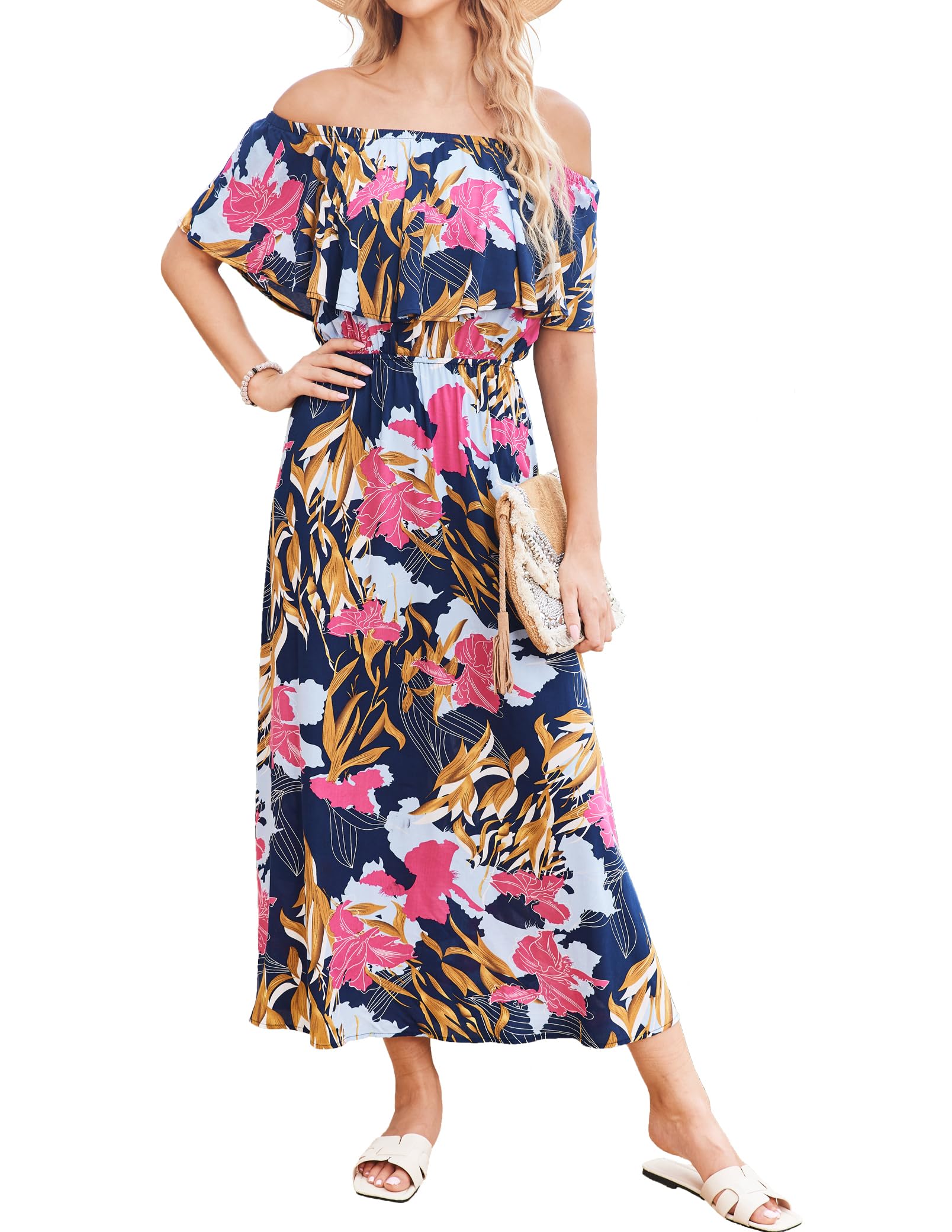 Bluetime Womens Maxi Dress Off Shoulder Floral Print Boho Beach Long Summer Dresses