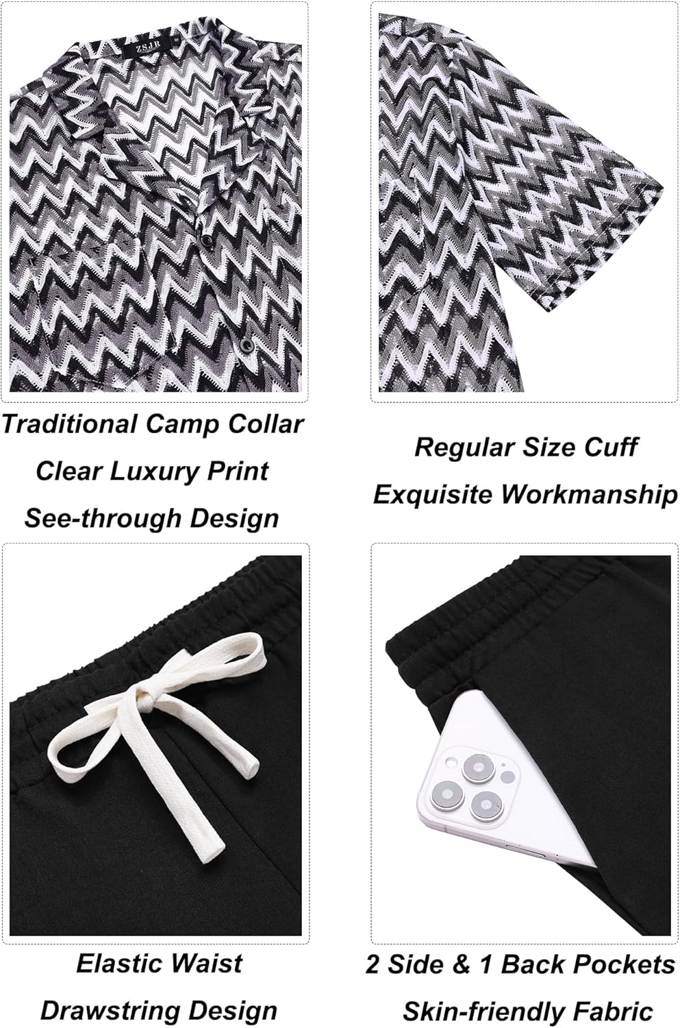 Mens 2 Pieces Outfits Summer Beach Set Tracksuit See Through Sheer Hollow Out Short Sleeve Lace Shirts and Shorts Sets - Image 6