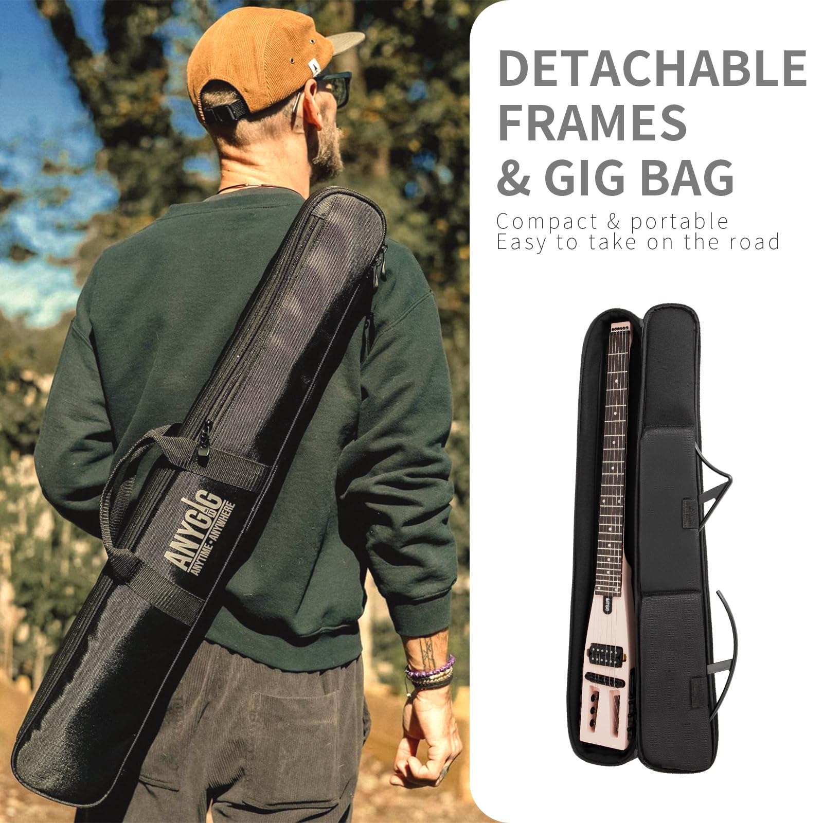 Reise E Gitarre – Volle Größe, ultraleicht (wiegt nur 1,8 kg), 100% Ahorn, digitales Stimmgerät, Gitarrentasche, Ständer, geeignet für Linkshänder und Rechtshänder, Muschelrosa