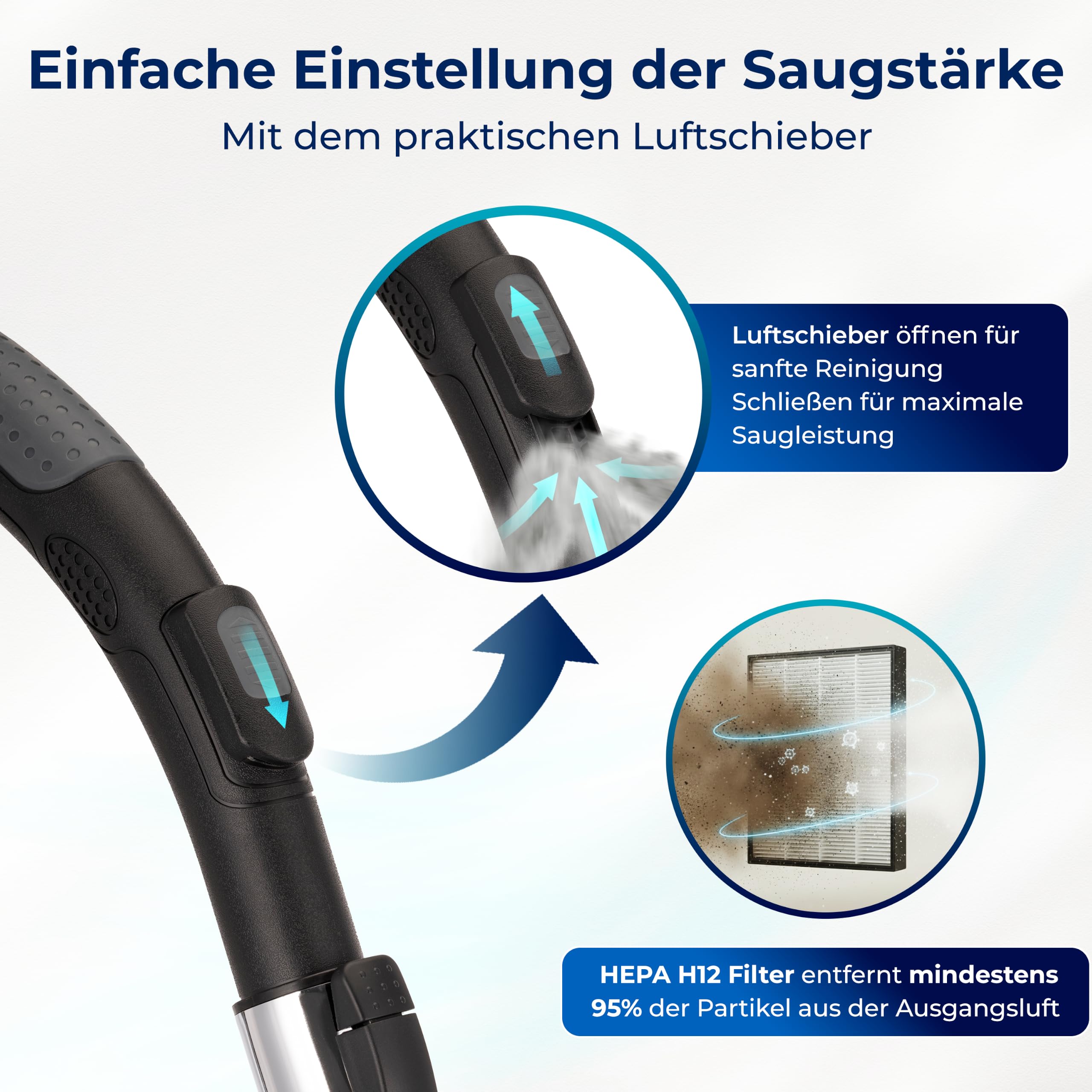 KLAMER Staubsauger beutellos mit HEPA H12 Filter gegen Tierhaare, 850 Watt | Fängt feinste Staubpartikel und Allergene zuverlässig ein. Geeignet für Hartböden, Teppiche, Polster, Treppen und Autos