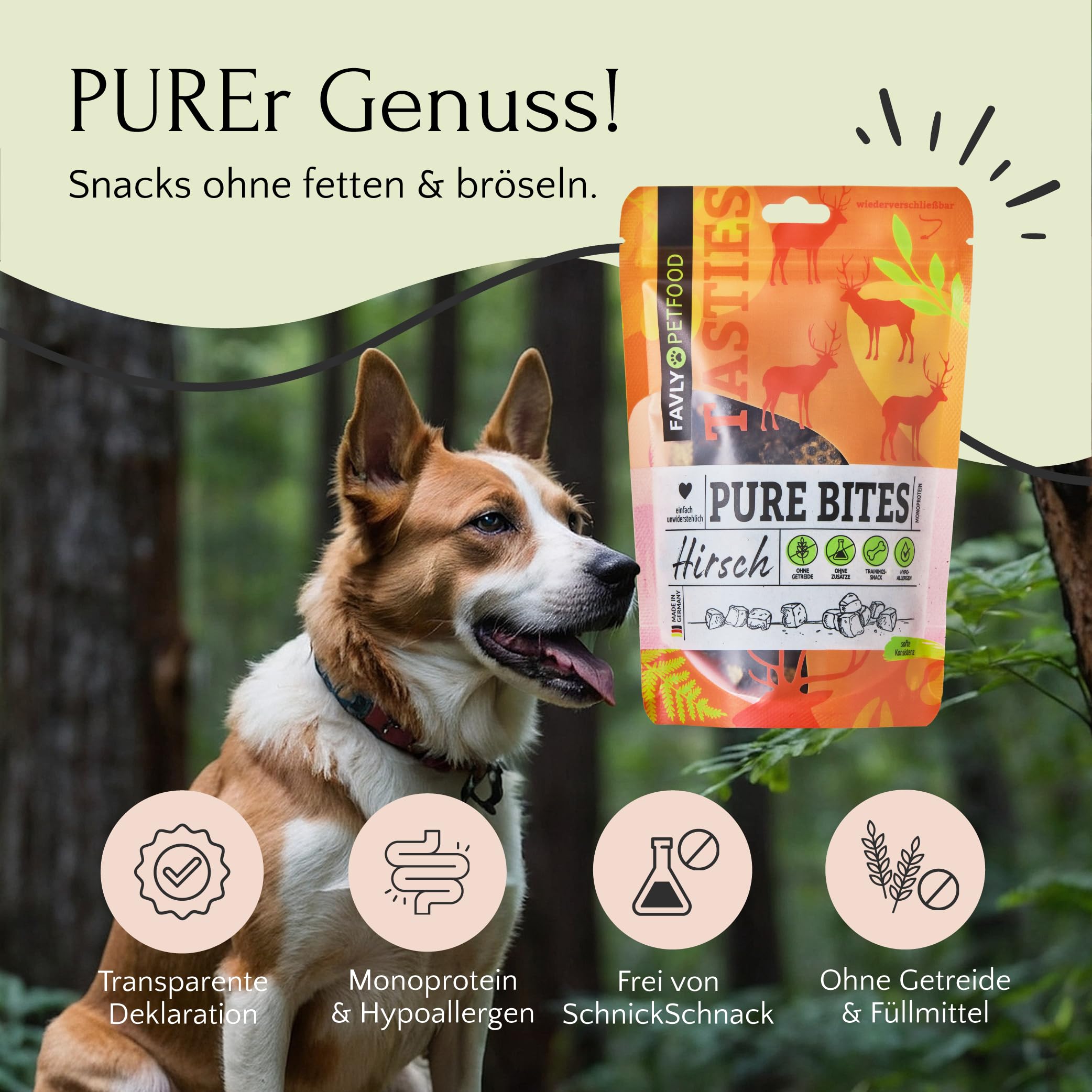 FAVLY Pure Bites Hirsch 6x120g, softe Hundeleckerli, Monoprotein