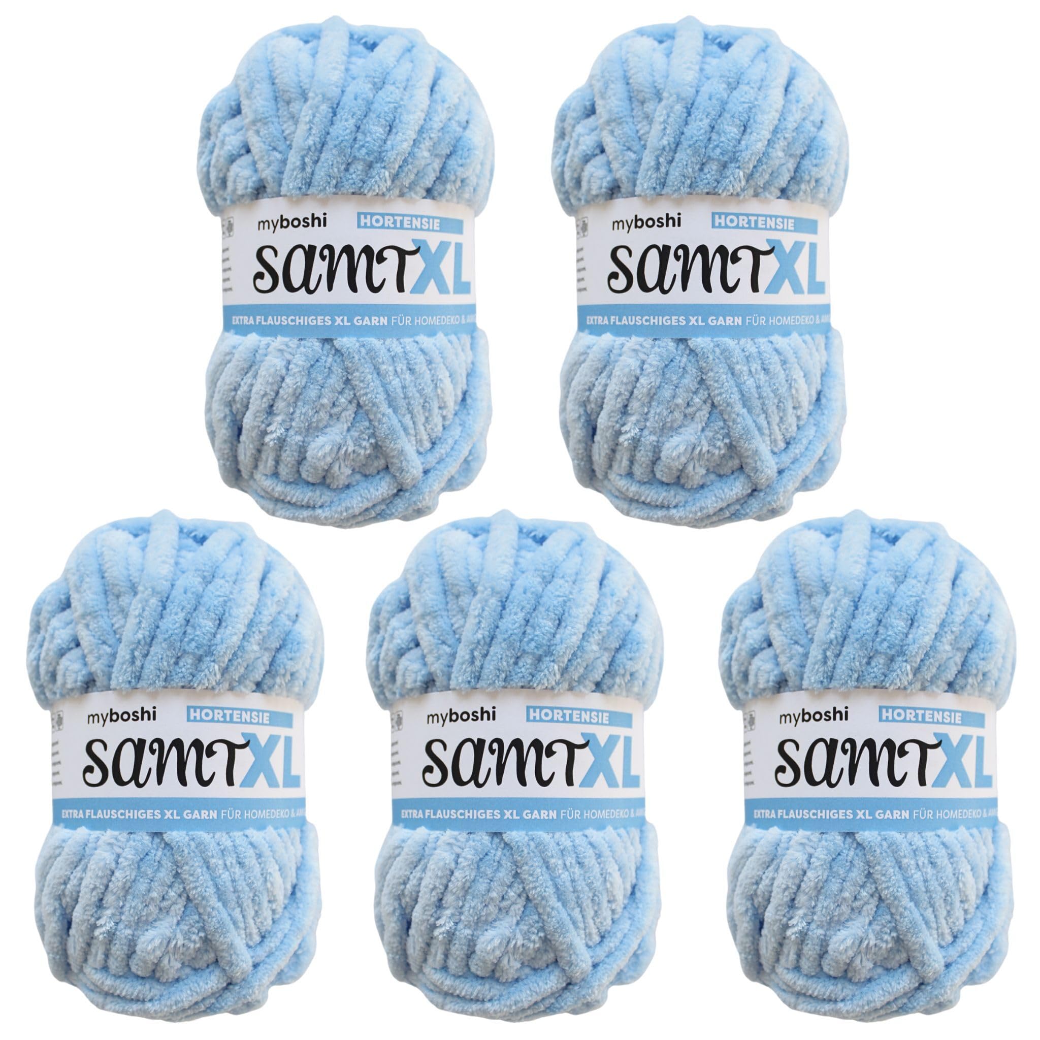 myboshi Samt XL, kuscheliges, extra dickes Chenillegarn, super chunky, zum Häkeln und Stricken, XXL-Knäuel, 100g, Ll 40m, Blau (Hortensie), 5 Knäuel