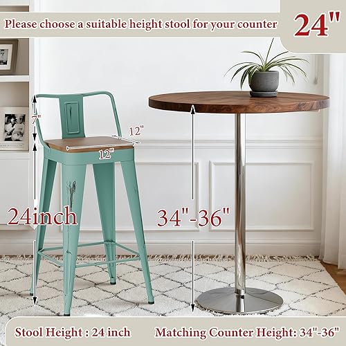 Miniatura 4 de Andeworld Juego de 4 taburetes de bar de altura de mostrador, taburetes de bar industriales de metal con asientos de madera (24 pulgadas, verde