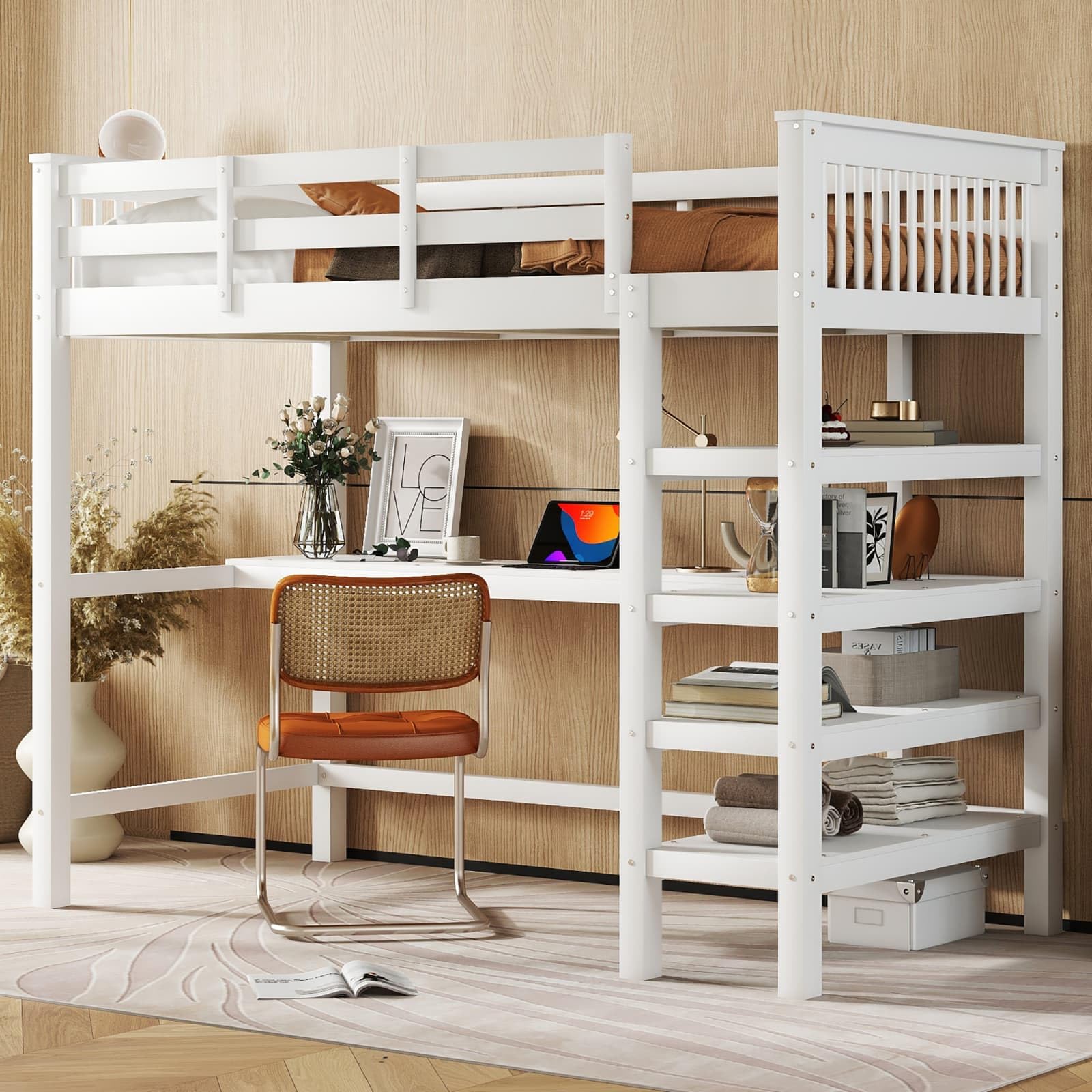 KOMHTOM Lit en Mezzanine en Bois avec Compartiments de Rangement, Cadre de Lit avec Bureau sous Le lit, Support à Lattes, Chambres à Coucher, Pin(sans Matelas) (Blanc-90x200cm)