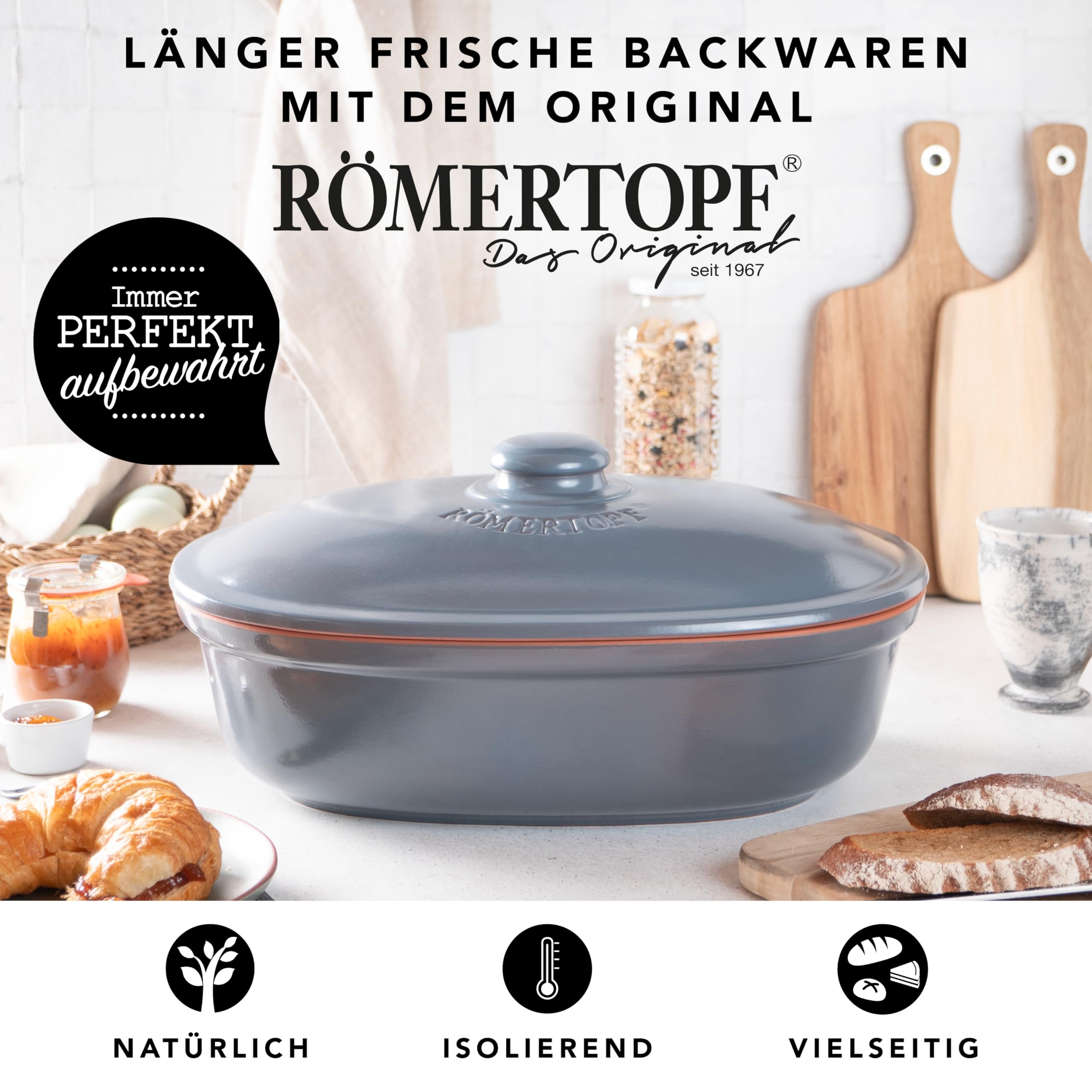 Römertopf Brottopf MAXI aus Naturton – Ovaler Brotbehälter zur Aufbewahrung von Brot & Brötchen – mit Belüftung für lange Frische – spülmaschinengeeignet – 40 x 28 x 20 cm – blau-grau | 40 x 28 x 20 cm, Platz für Baguette und Wochenvorrat, atmungsaktive K