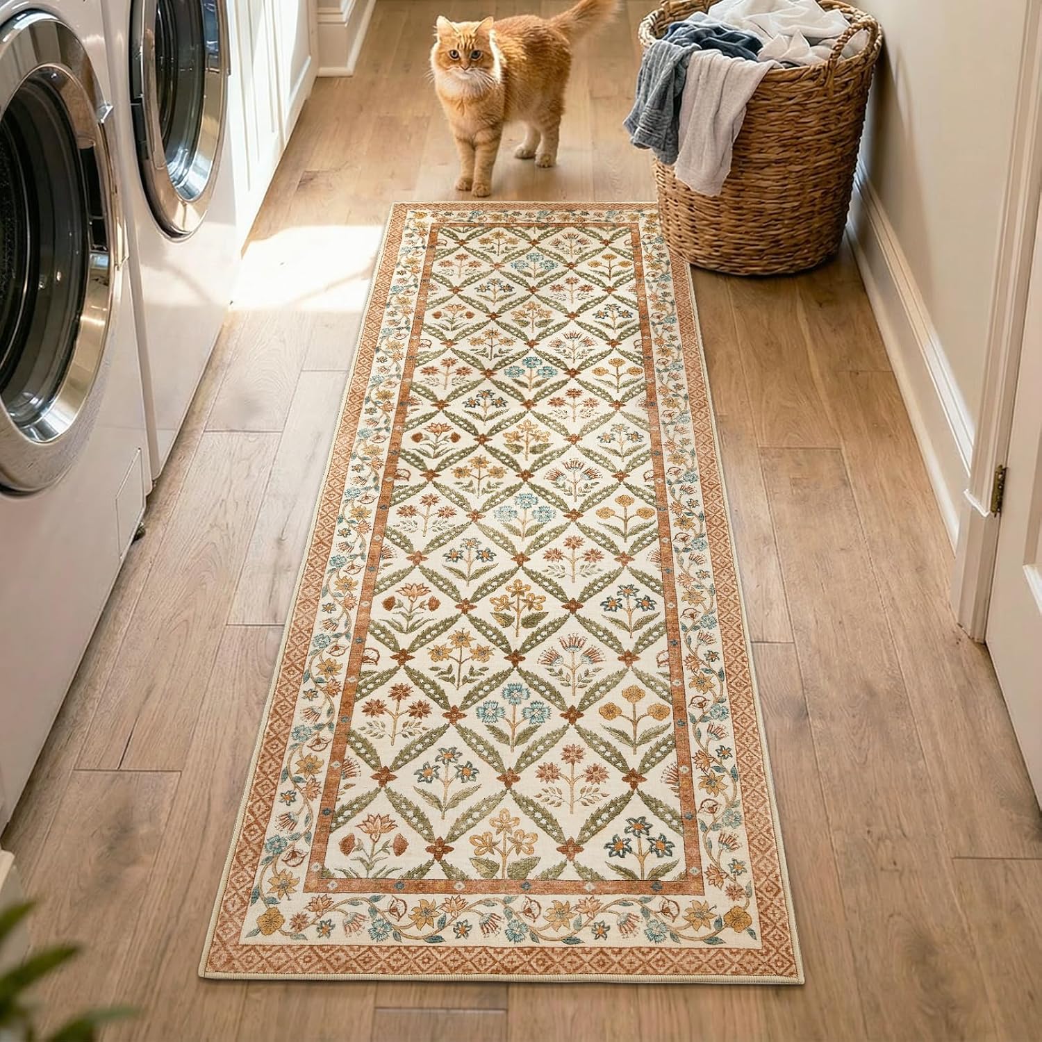 jinchan Haden Runner Rug 2x6 Vintage Floral Washable Hallway Rug for Entrance Kitchen Soft Non-Slip Low Pile Bedside Laundry Room Cottage Warm Indoor Decor Terracotta