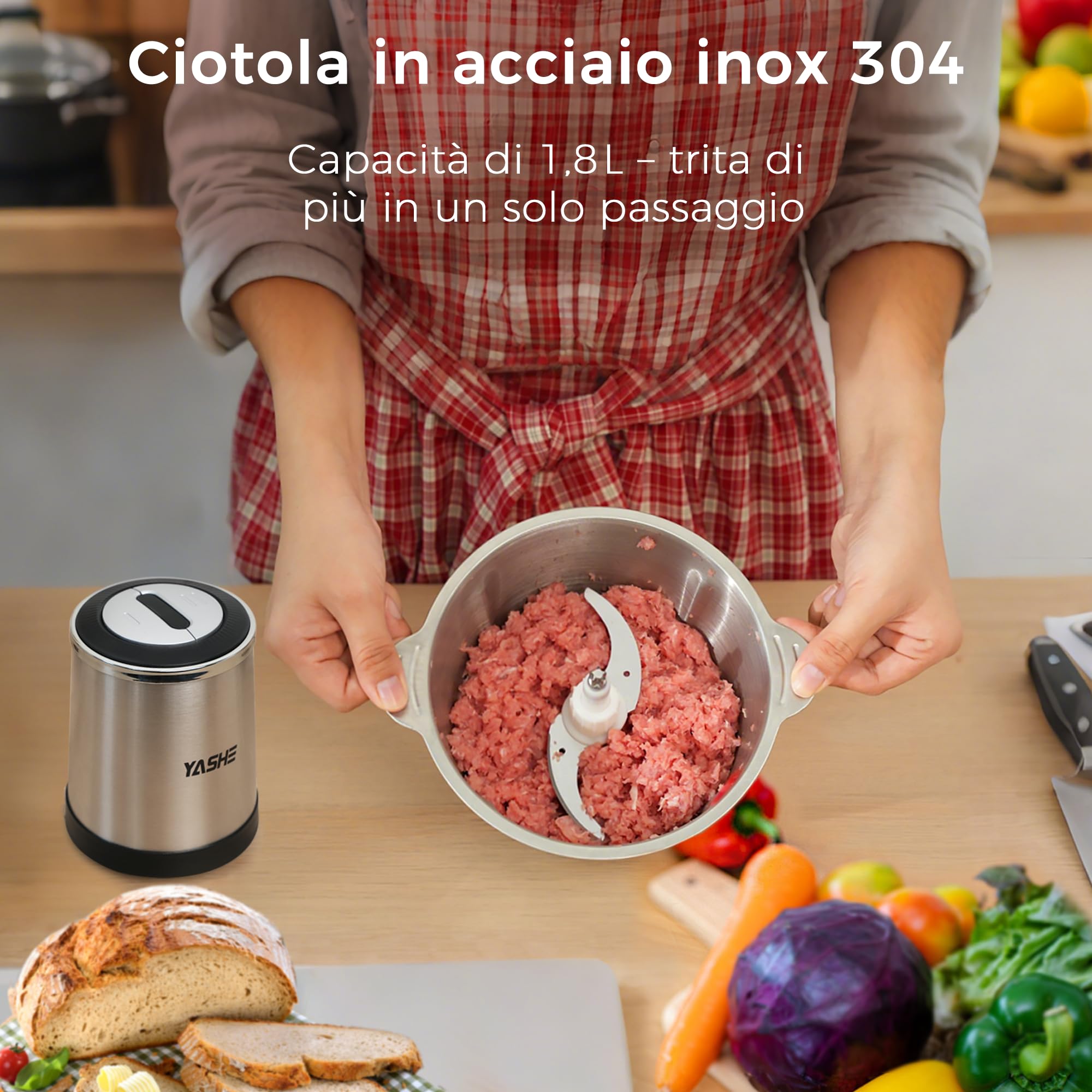 YASHE Tritatutto Elettrico 500W, Robot da Cucina con Ciotola in Acciaio Inox da 1,8L, Tritacarne con 4 Lame a Doppio Livello, 2 Velocità