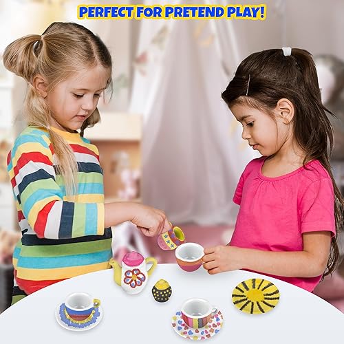 Miniatura 5 de ArtCreativity Paint Your Own Play Tea Set para niños juego de té de cerámica para niñas kit de pintura de arte y manualidades para niños con 13