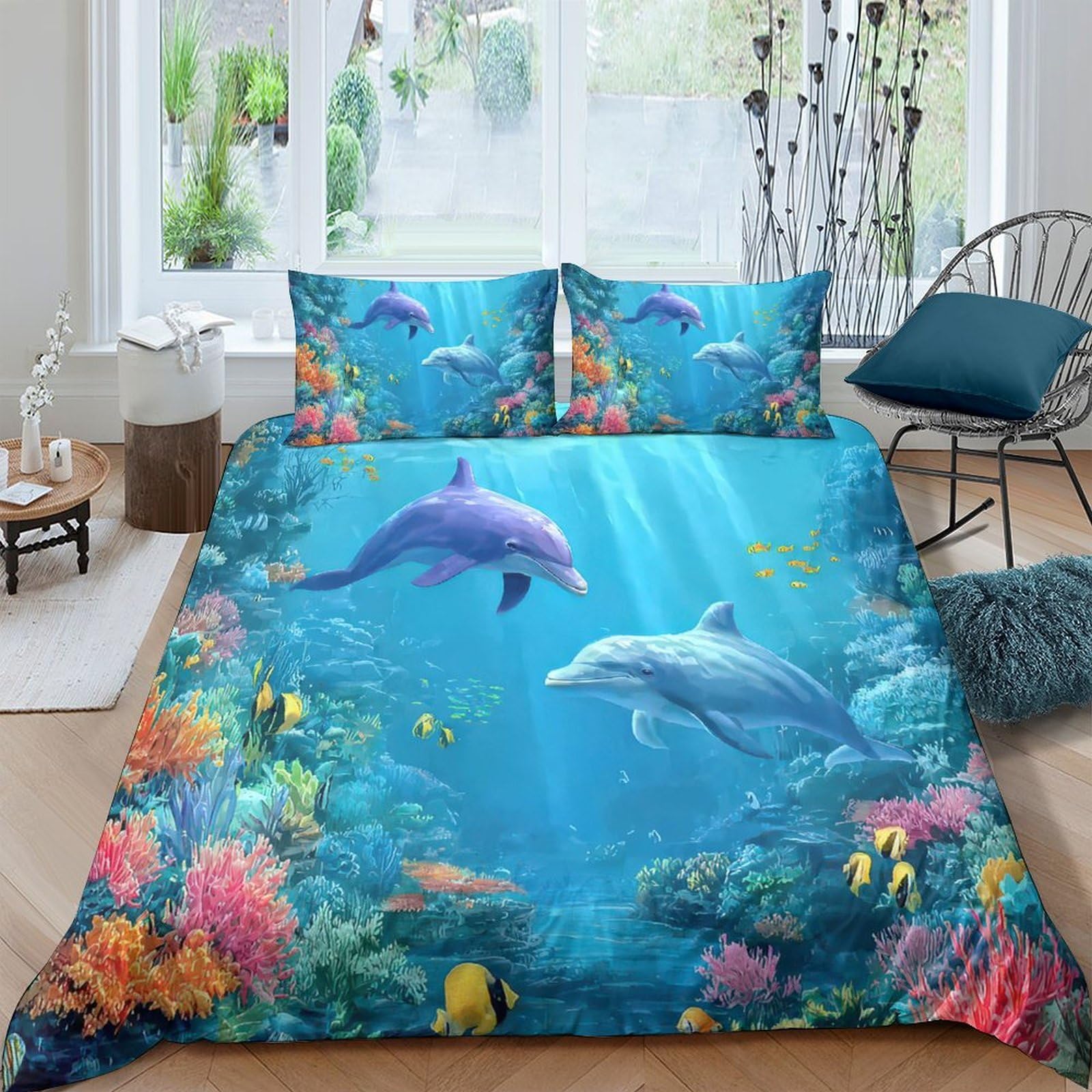 GPLZQXKJNH 3D Printed Ocean Dolphin Duvet Cover Microfiber Soft Breathable Underwater Coral Bedding Set with 2 Pillowcases for Bedroom Decor 120x200cm Single（135x200cm）