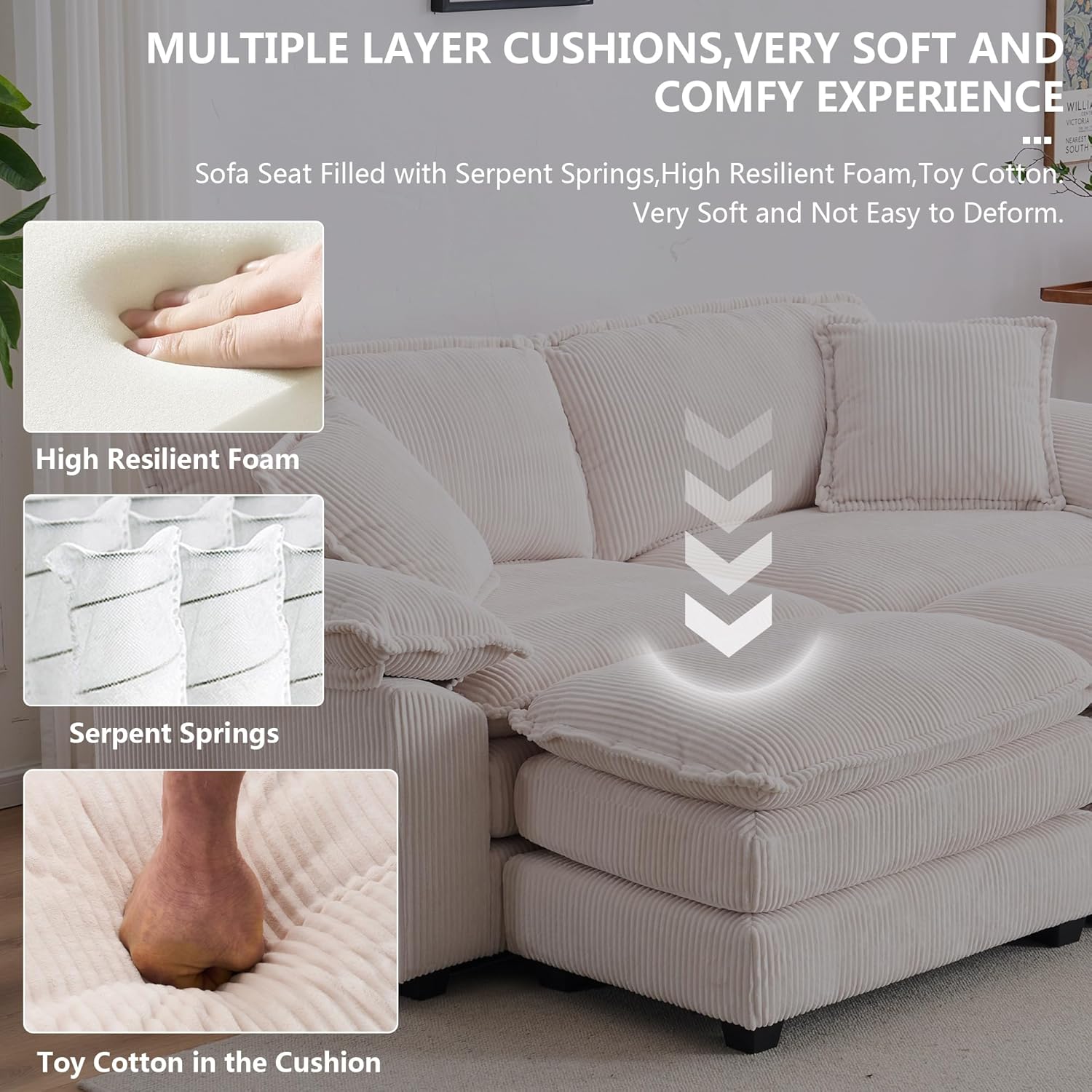 Aoowow Corduroy Loveseat Sofa Couch with Ottomans,Modular Sectional 2 Seater Sofa with Deep Seat,Modern Cloud Sofas with Throw Pillows for Living Room (Off White, Loveseat with Ottoman)