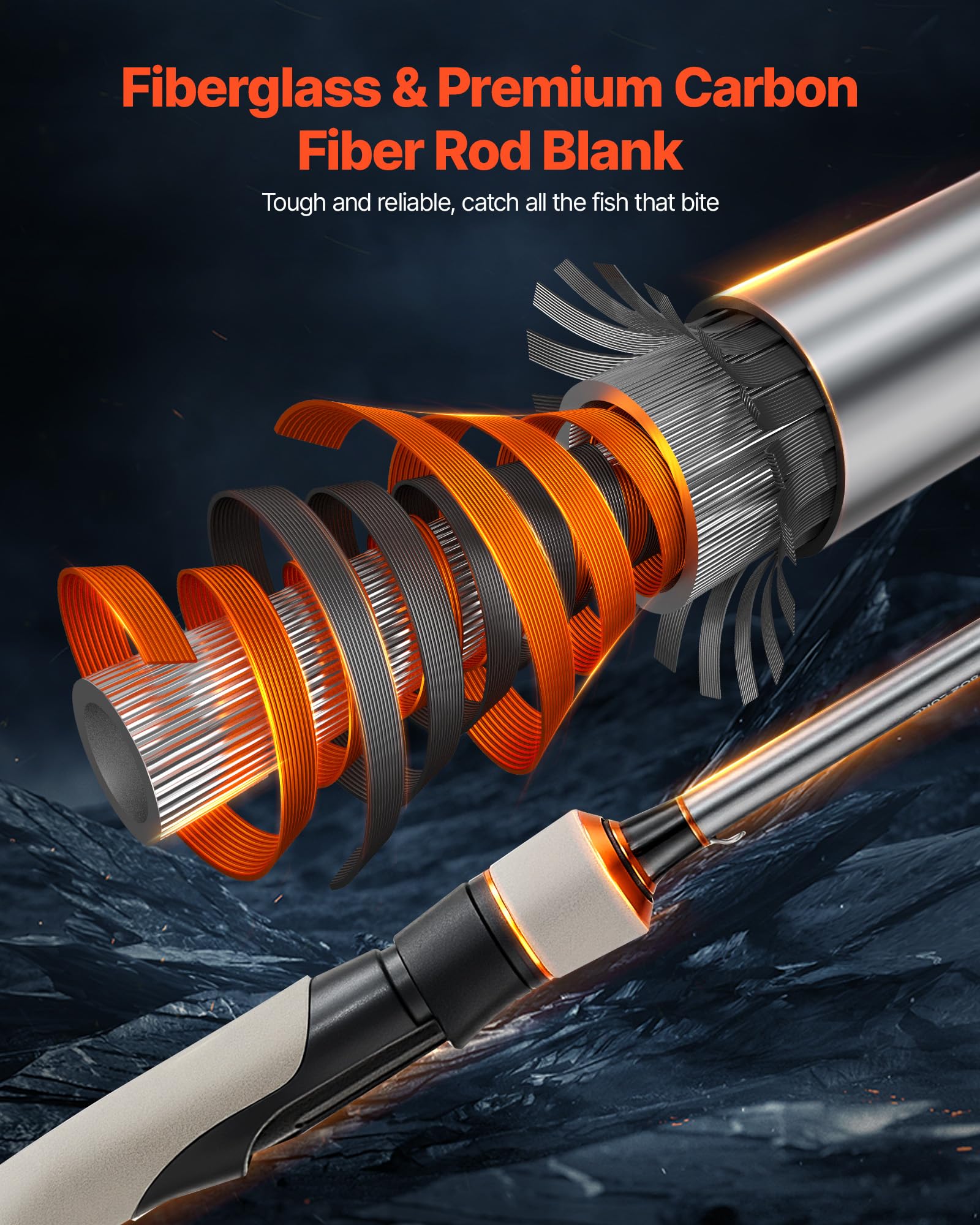 VEVOR Juego de Caña y Carrete Giratorio de Pesca, Caña de Dos Piezas de 2 m de Fibra de Vidrio y Fibra de Carbono, Rodamientos de Bolas 6+1, para Pesca en Agua Salada y Dulce, 2010 x 150 x 150 mm