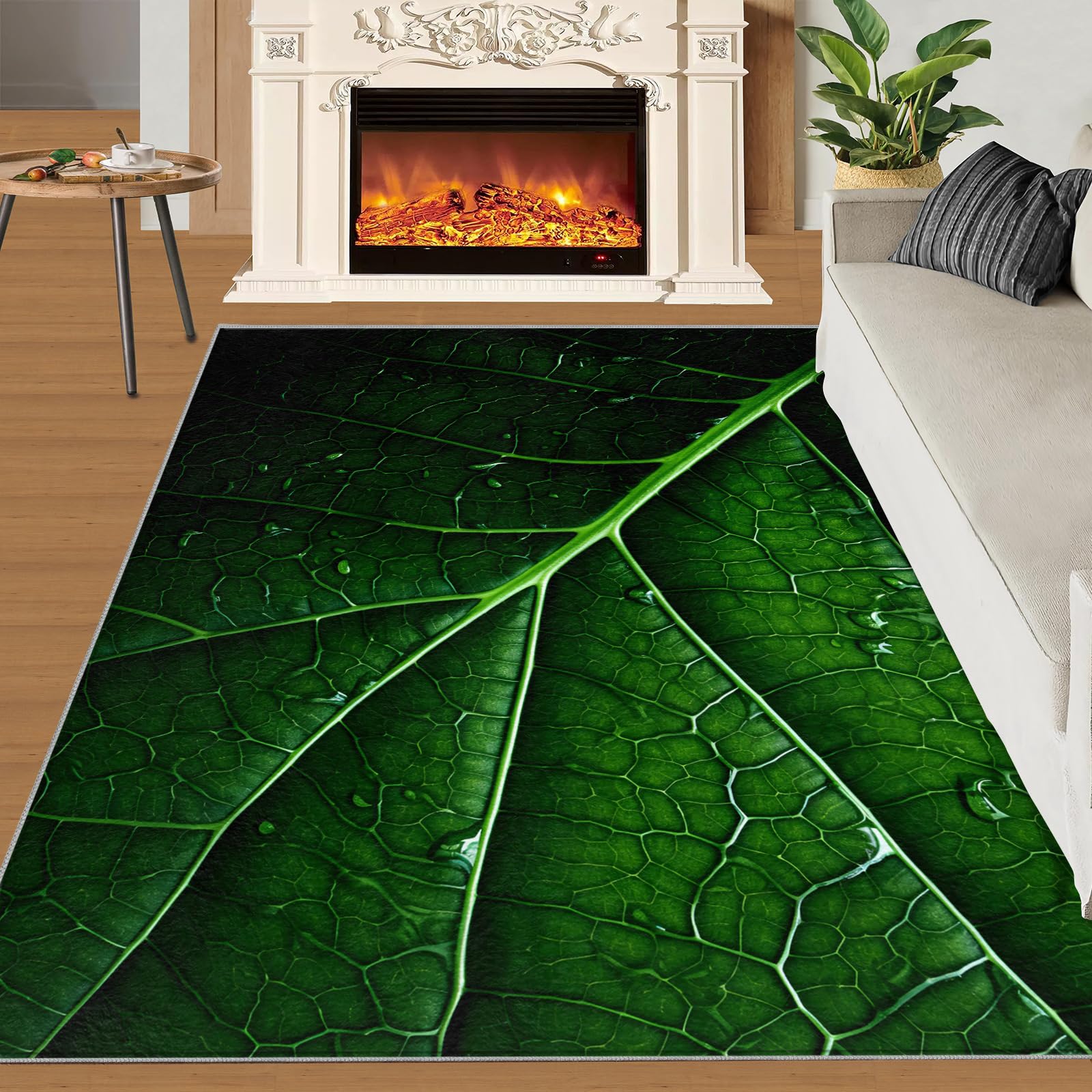 SANSJI Green Leaf Rugs for Girls Bedroom 170x240 cm, Non-Slip Washable Tropic Forest Design Area Rug for Women, Soft Low-Pile Leaf Macro Texture Carpet, Natural Plants Style