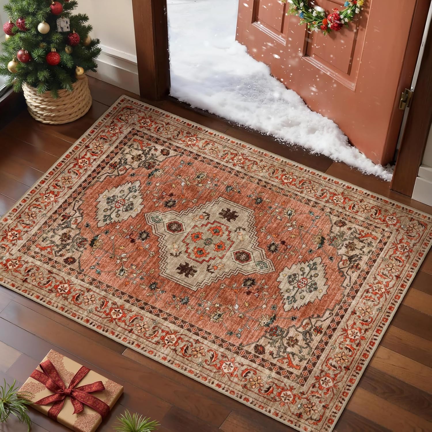 Boho Small Area Rug, 2x3 Washable Rug for Entryway, Vintage Throw Rug Oriental Non Slip Indoor Front Door, Distressed Terracotta Door Mat Carpet, Soft Low Pile Rugs for Entrance Kitchen Bedroom - Image 2