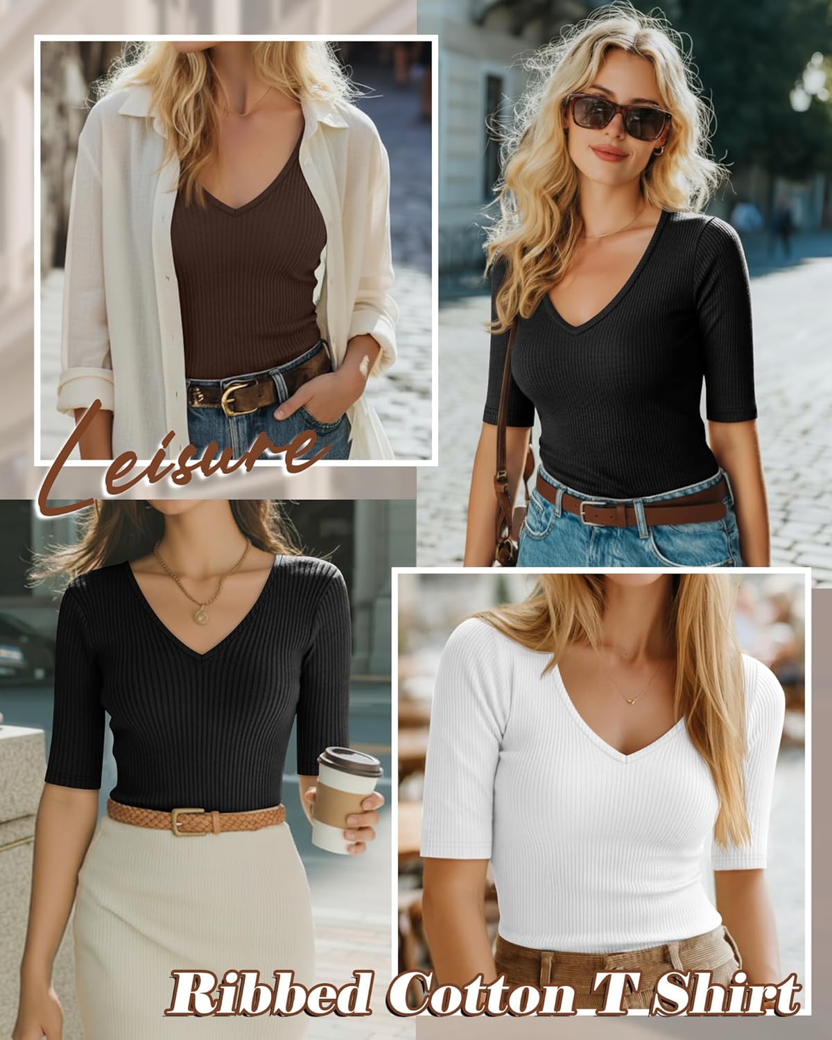 Riyiper 3 Pack Women's Half Sleeve Top Elbow Length Ribbed Cotton T Shirt Women V Neck Summer Tee Slim Fit Casual Blouses - Image 2
