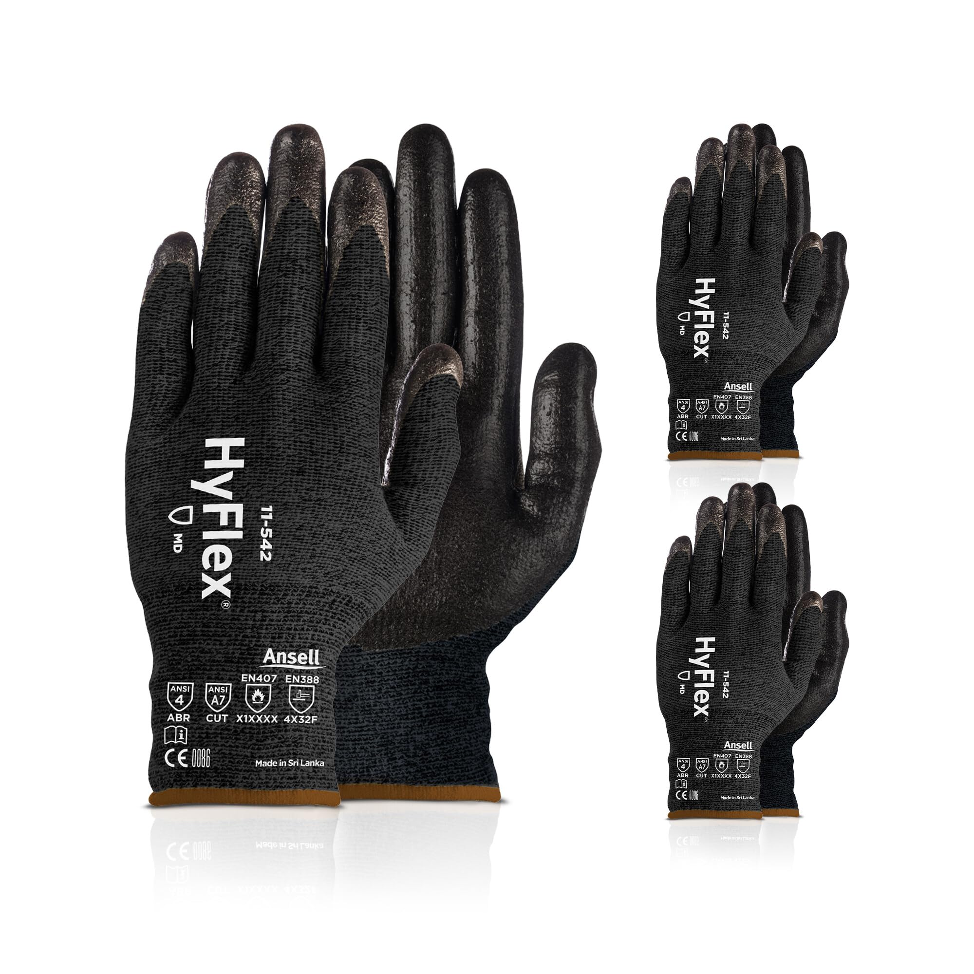 Ansell HyFlex 11-542 Cut/Heat-Resistant Mechanical Work Gloves w/Nitrile Palm for Machinery, Automotive - XL (10), Black (3 Pairs)