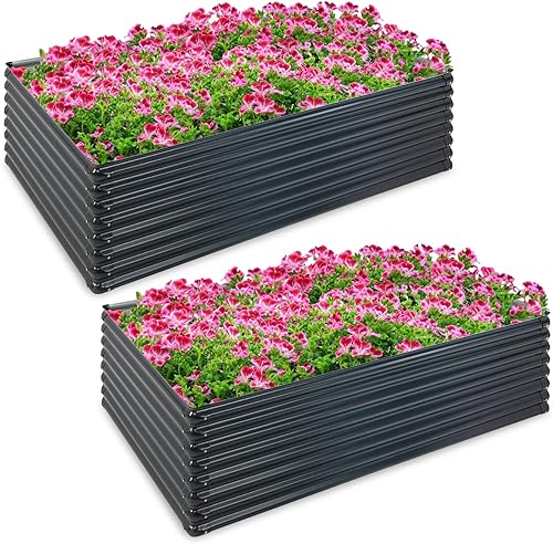 Giantex 2 camas de jardín elevadas galvanizadas, 5.9 x 3.6 x 1.7 pies, caja de maceta de metal y estante de leña, cama rectangular de acero elevada,