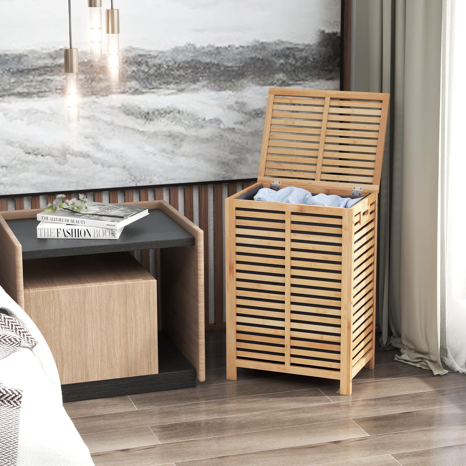 GYMAX Cesta Portabiancheria con Coperchio, 80 L Porta Biancheria in Bambù con Manici e Borsa Rimovibile, per Camera, Bagno, Dormitorio e Lavanderia, 50 x 35 x 62 cm