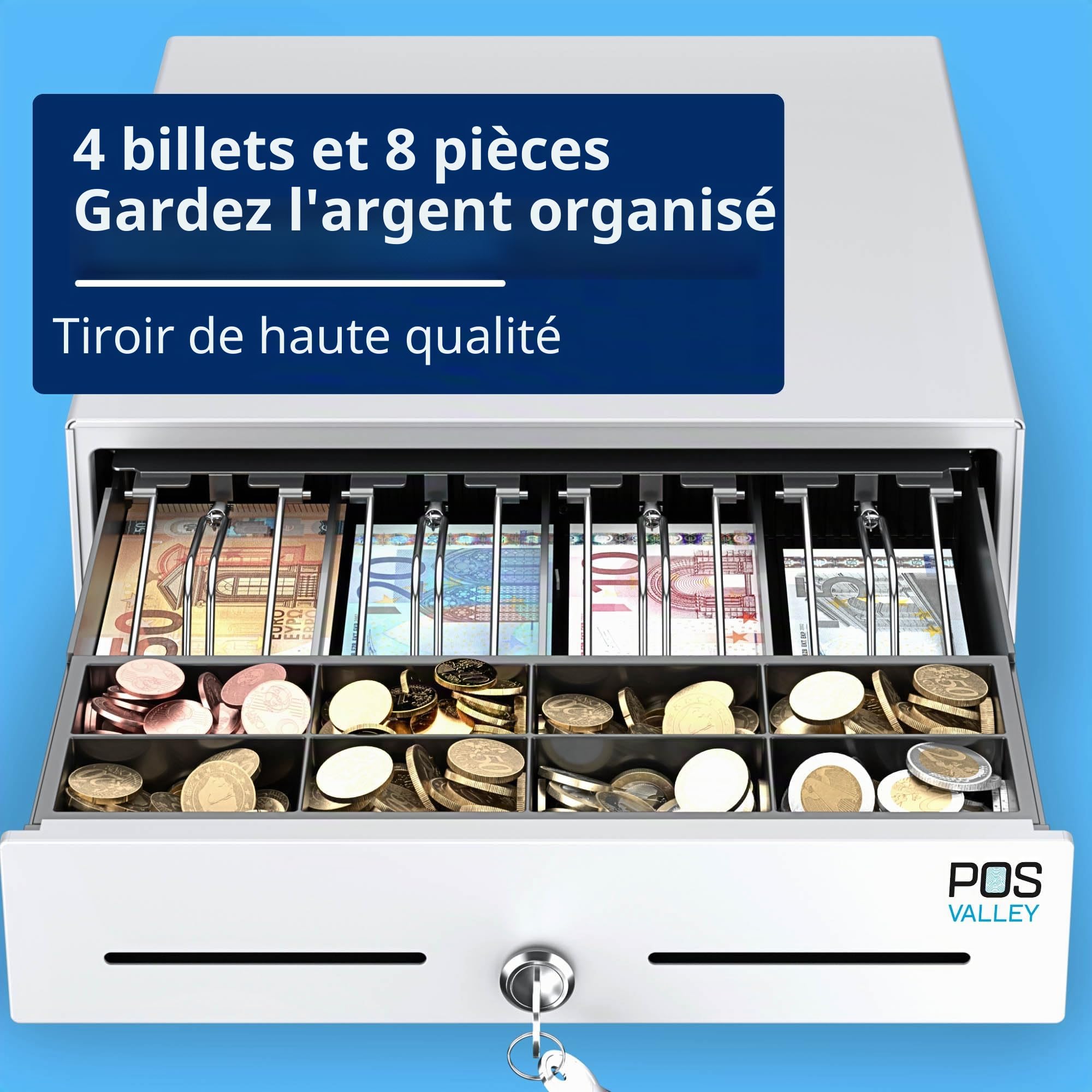 Tiroir pour enregistreur de caisse petit, ouverture automatique RJ11 et clé, insert en espèces 4 billets et 8 pièces (euros), 33 x 33 cm (blanc)