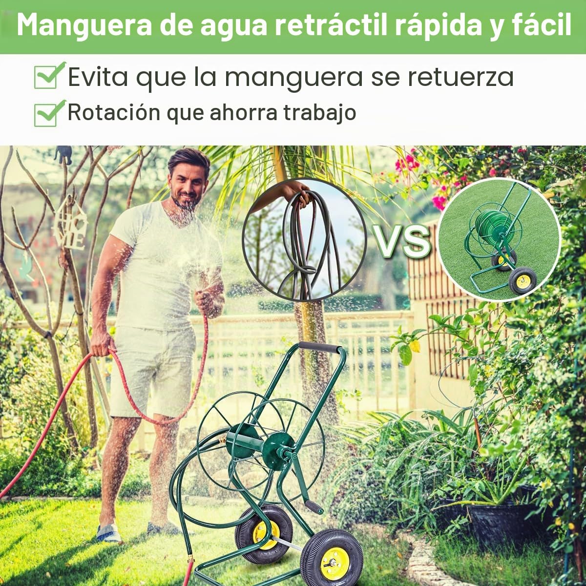 GOPLUS Carro de manguera de metal para manguera de jardín de 3/4 pulgadas de hasta 61 m, carrete de manguera con ruedas de goma y manguera de entrada de 188 cm, enrollador de manguera de jardín