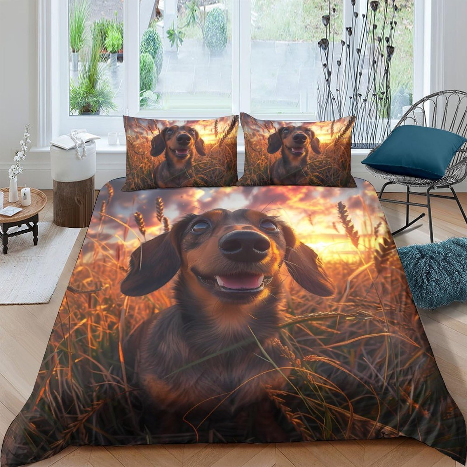 TUFRTGYHN 3D Printed Sunset Dachshund Duvet Cover Microfiber Soft Breathable Dog Bedding Set with 2 Pillowcases for Bedroom Decor Single（135x200cm）