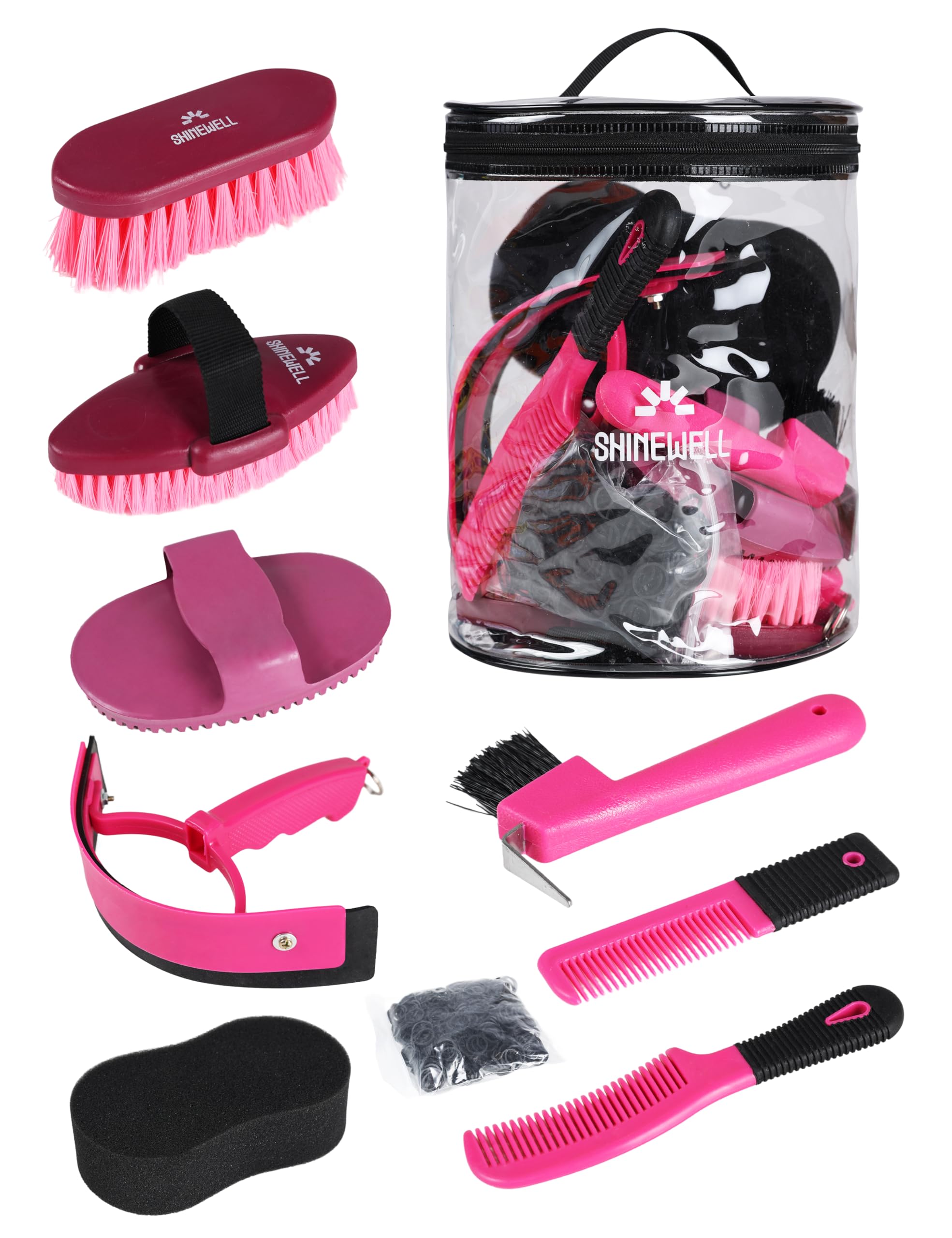 Shinewell Horse Grooming Brushes Kit 9 pieces with Organizer Bag Grooming Care Series Horse Brush Sets Pink