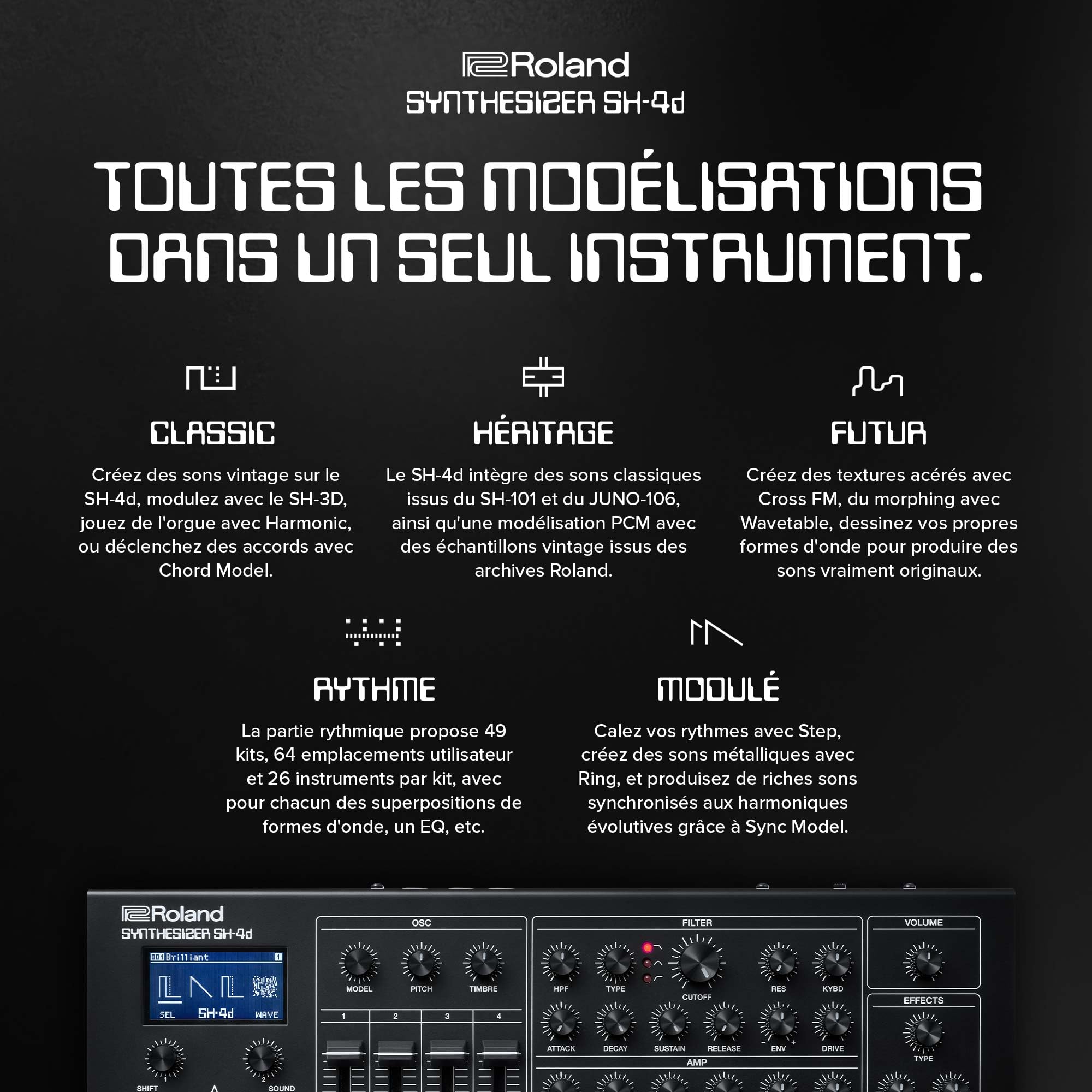 Module synthétiseur compact SH-4d Roland | 11 modélisations OSC | Des outils de conception sonore professionnels | De nombreux boutons physiques | Un séquenceur par pattern multitimbral