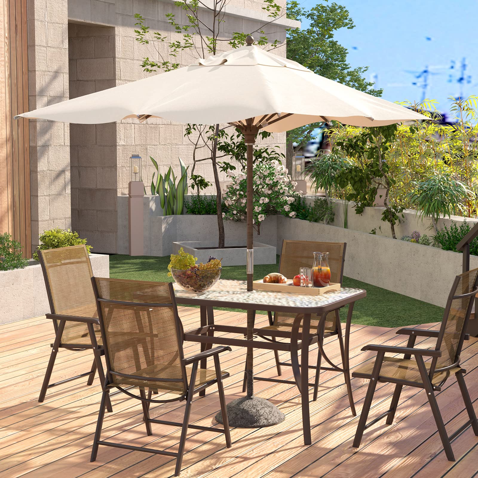 SogesHome 47 Inch Rectangle Tempered Glass Patio Dining Table Coffee Table Dining Bistro Table, for Outdoor Garden Balcony Backyard Poolside Lawn, with Umbrella Hole, Brown : Home & Kitchen