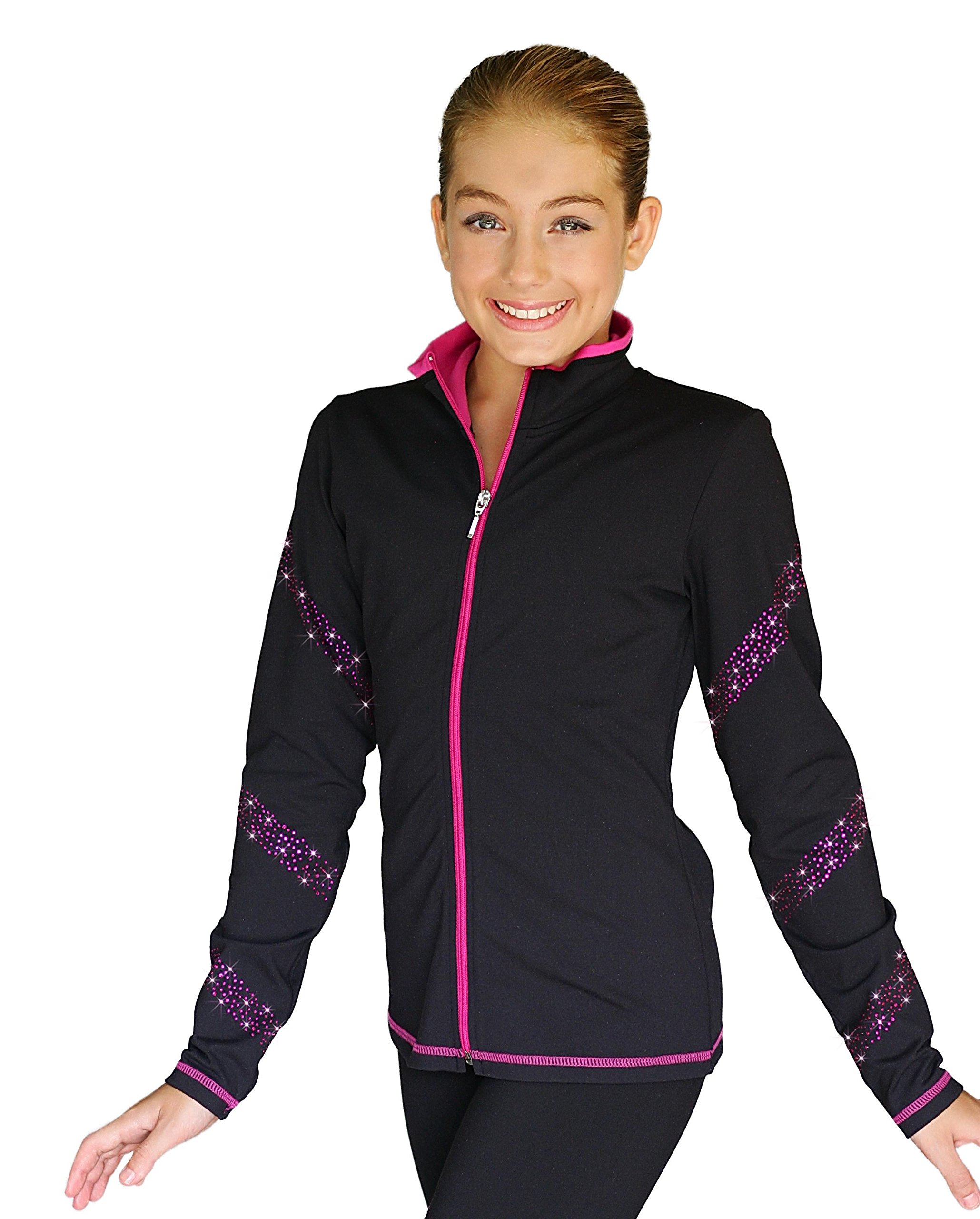 ChloeNoel JS96 Color Zipper Figure Skating Jacket with Crystals Spiral (Black/Fuchsia Crystals, Adult Large)