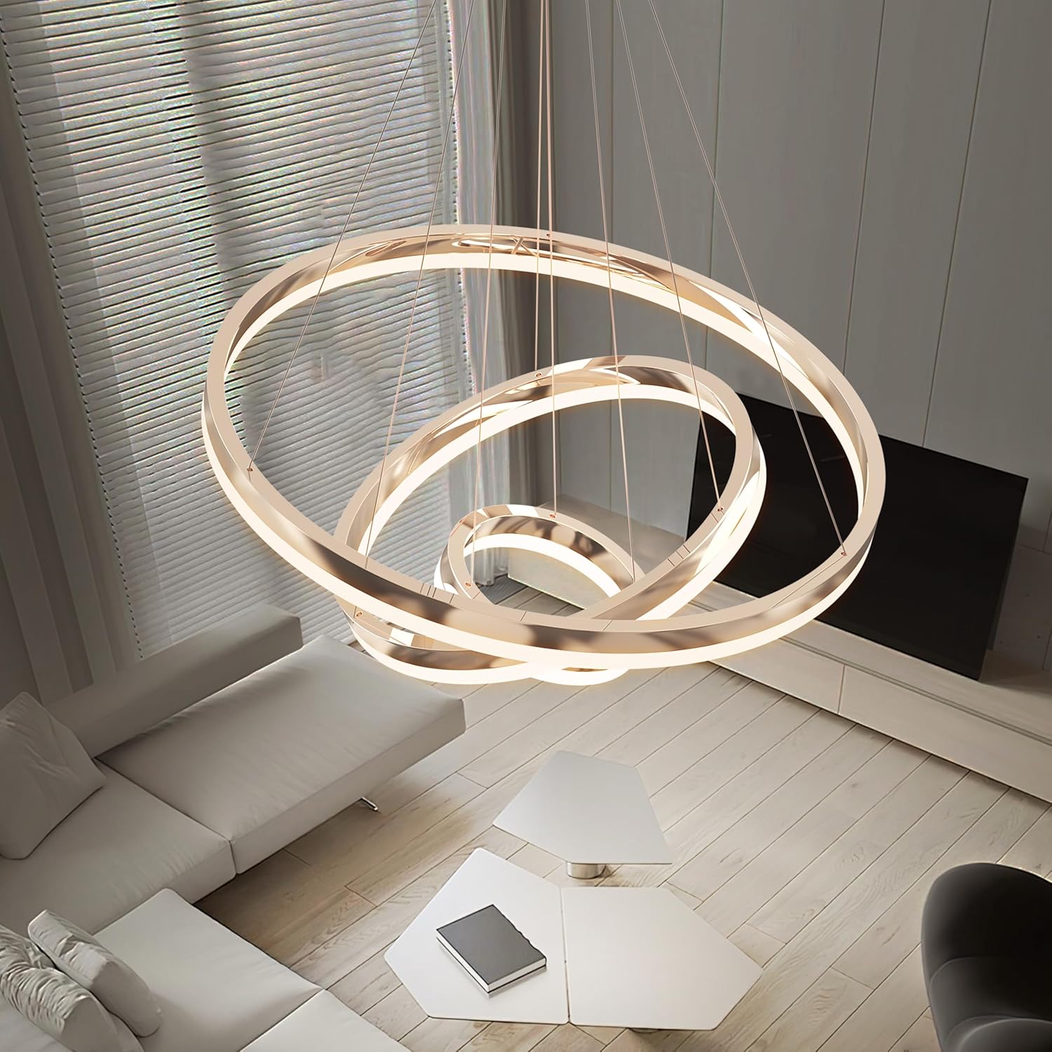 Gold Led Chandelier 3 Rings Dimmable Light Fixture for Kitchen Over Table Height Adjustable Modern Pendant Light for Dining Room Living Room Bedroom Foyer