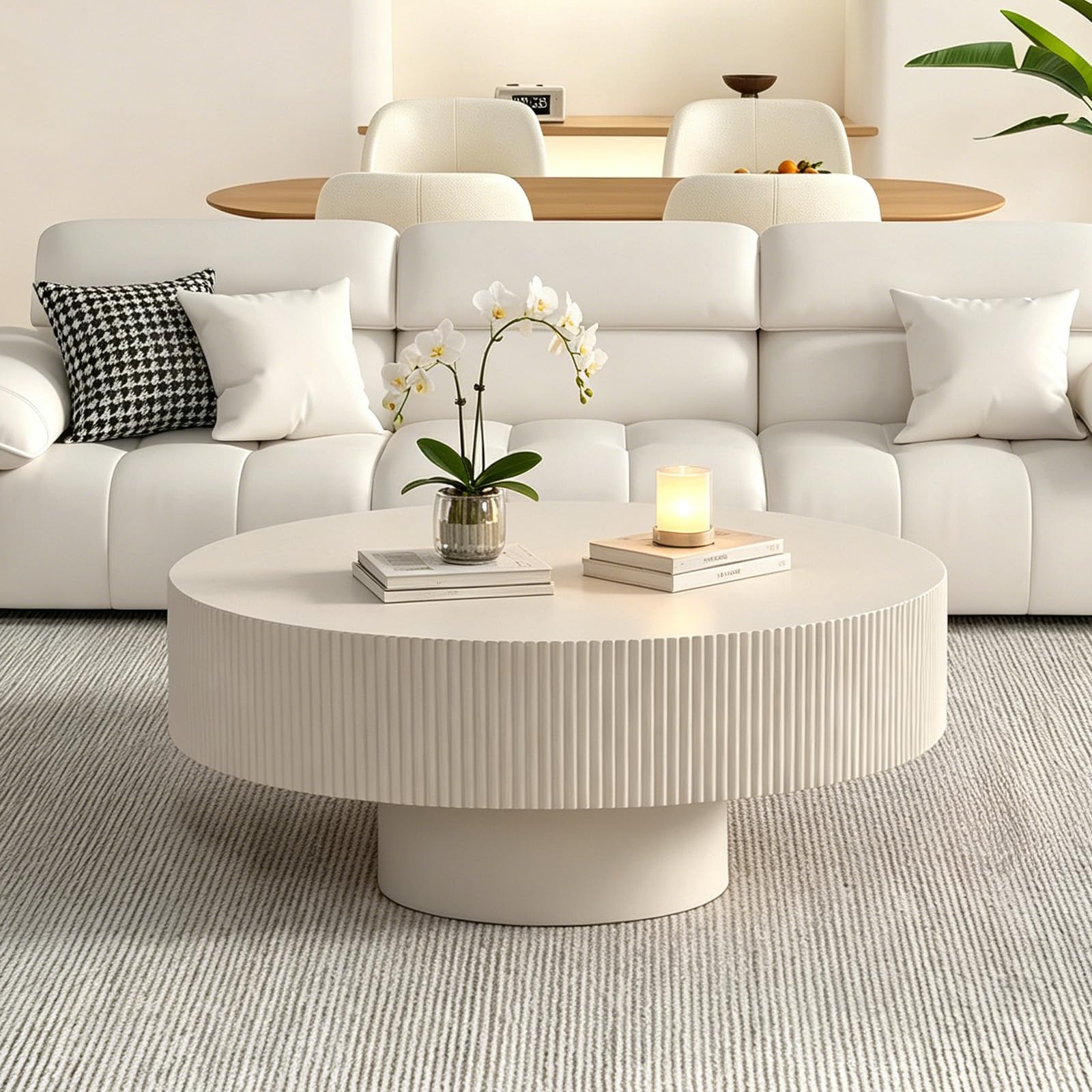 SOUWOFS 78.5CM Modern Round Coffee Table Fluted Drum Center Table with Sturdy Base, Circle Coffee Tables Minimalist Accent Table for Living Room, Bedroom, Easy Assembly (Off White)