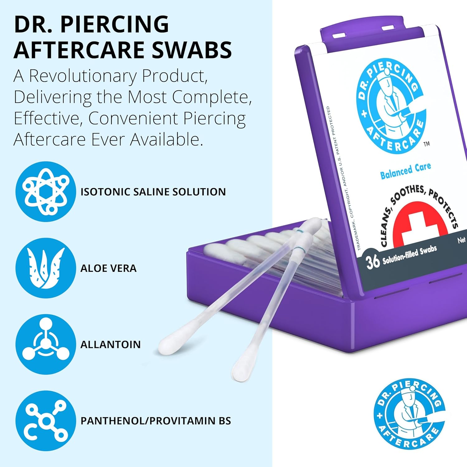 Dr. Piercing Aftercare Swabs - Saline Solution for Piercings - Earring Nose Belly Ear Piercing Cleaner - Saline Wash, Ear Hole Cleaner – Piercing Aftercare Formula - 72 swabs (2-pack)