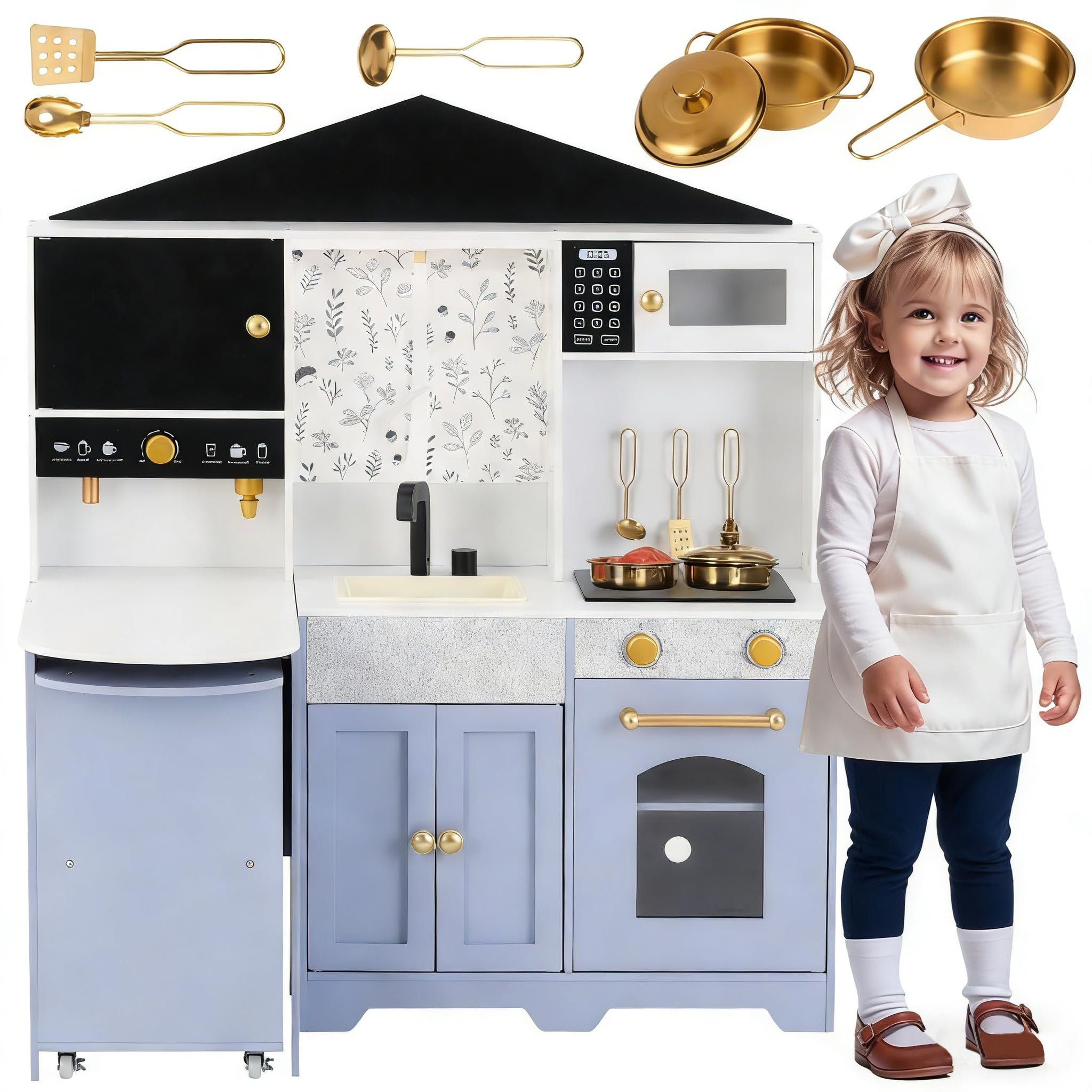 Generisch Kinderküche Spielküche in Weiß-Lila, 60x90x105cm aus Holz & Kunststoff mit Kochutensilien, Schwarztafel & Interaktiven Funktionen, Spielzeugküche für Kinder ab 3 Jahren