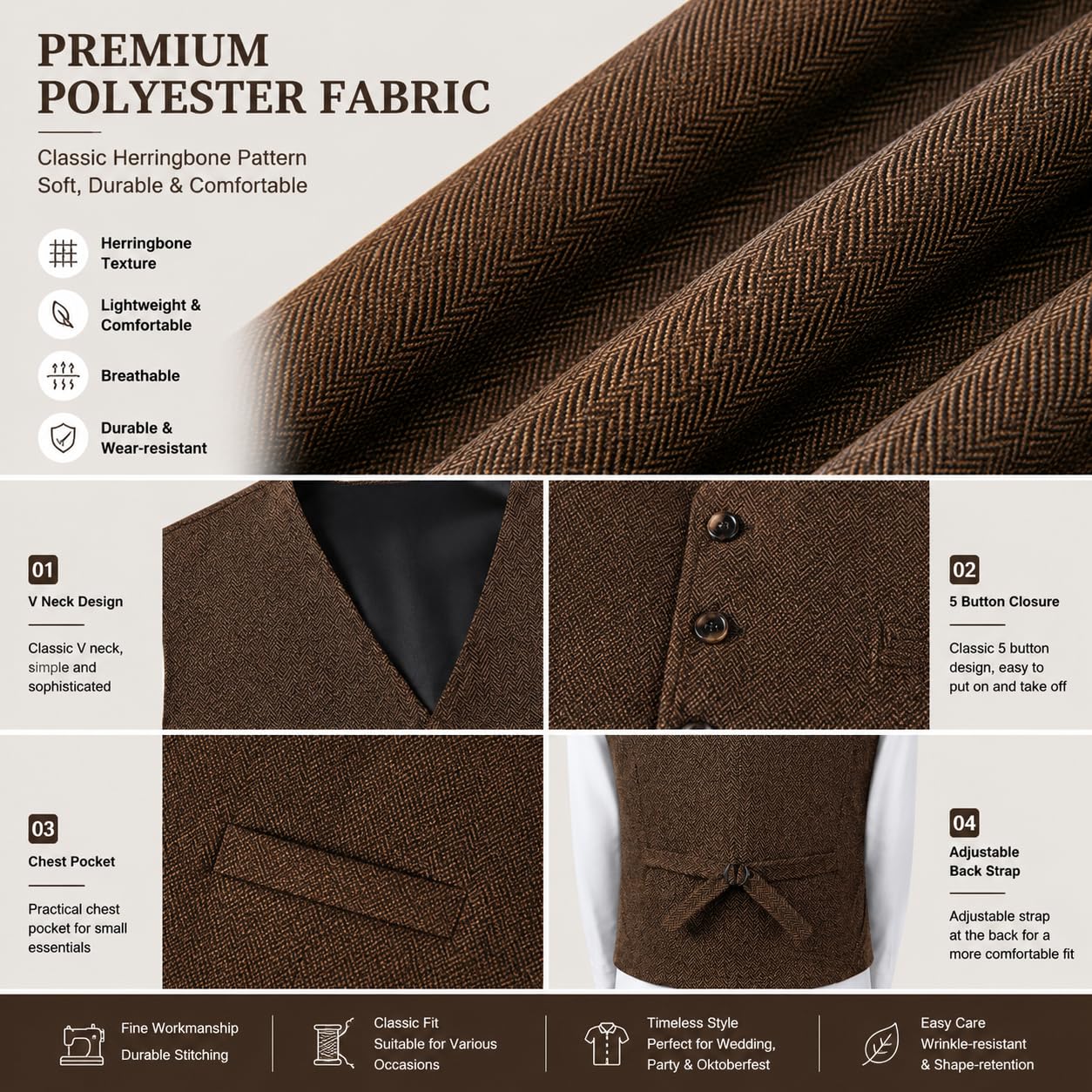 Generico Gilet Da Uomo A Spina Di Pesce Con 5 Bottoni, Scollo A V, In Tweed, Con Tasche, Giacca Casual Vintage Senza Maniche Per Matrimoni, Feste E Oktoberfest.