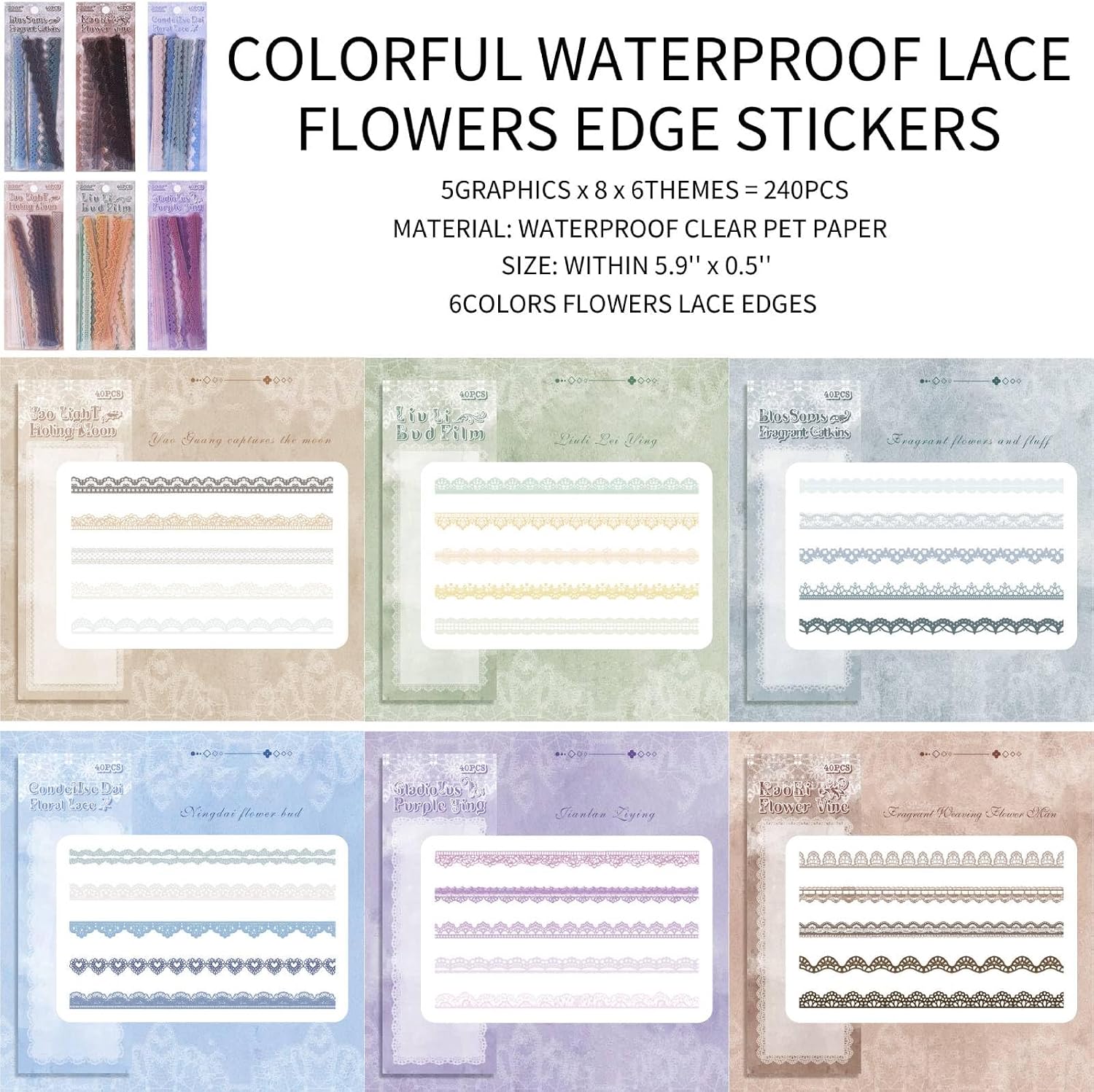 240PCS Lace Scrapbook Stickers, Vintage Transparent Aesthetic Stickers, Self Adhesive Lace Sticker for Junk Journal Scrapbooking Planner Photocards Gift Making Album Calendar DIY Decoration image 2