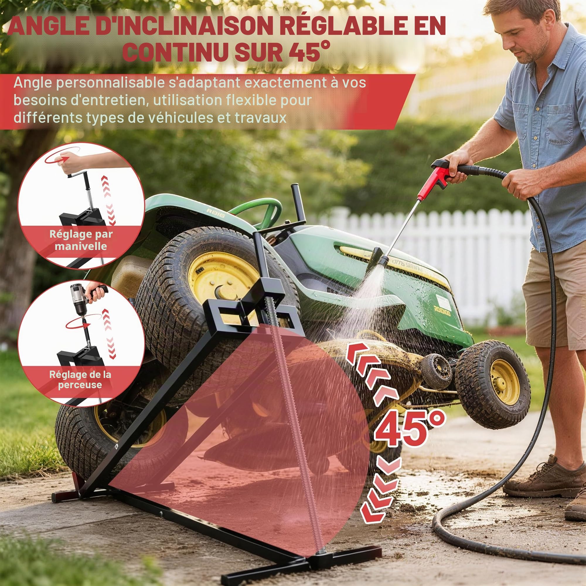 Aufun Cric pour tracteur à gazon, noir | Dispositif de levage télescopique pour tondeuse, tracteur, 400 kg, inclinaison réglable +45°