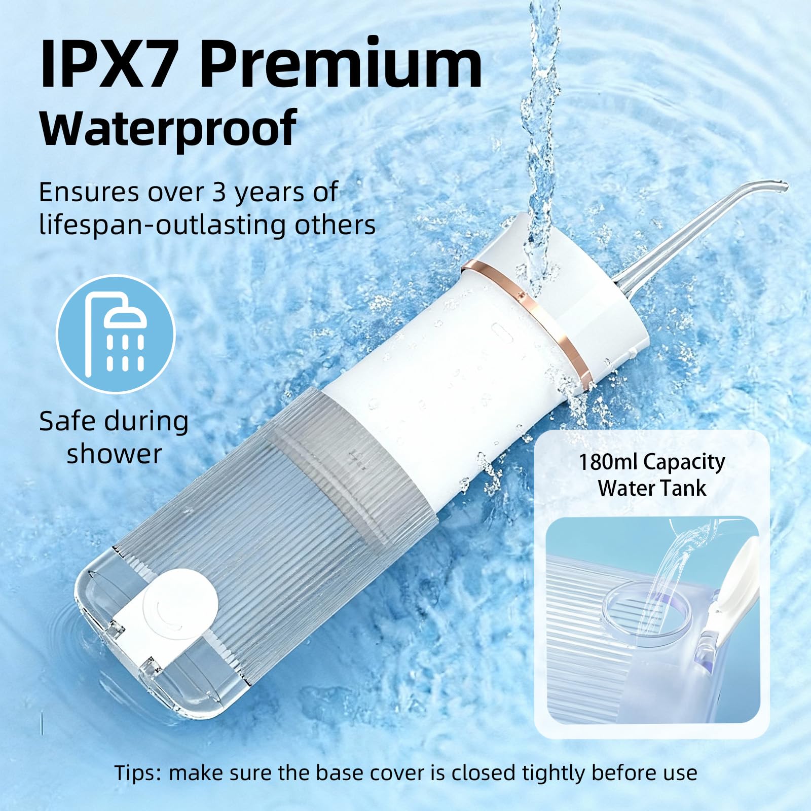 Irrigador bucal portátil de viaje: mini irrigador oral inalámbrico con tanque telescópico de 180 ml, 3 modos, 5 boquillas, limpiador de dientes impermeable IPX7 para aparatos ortopédicos