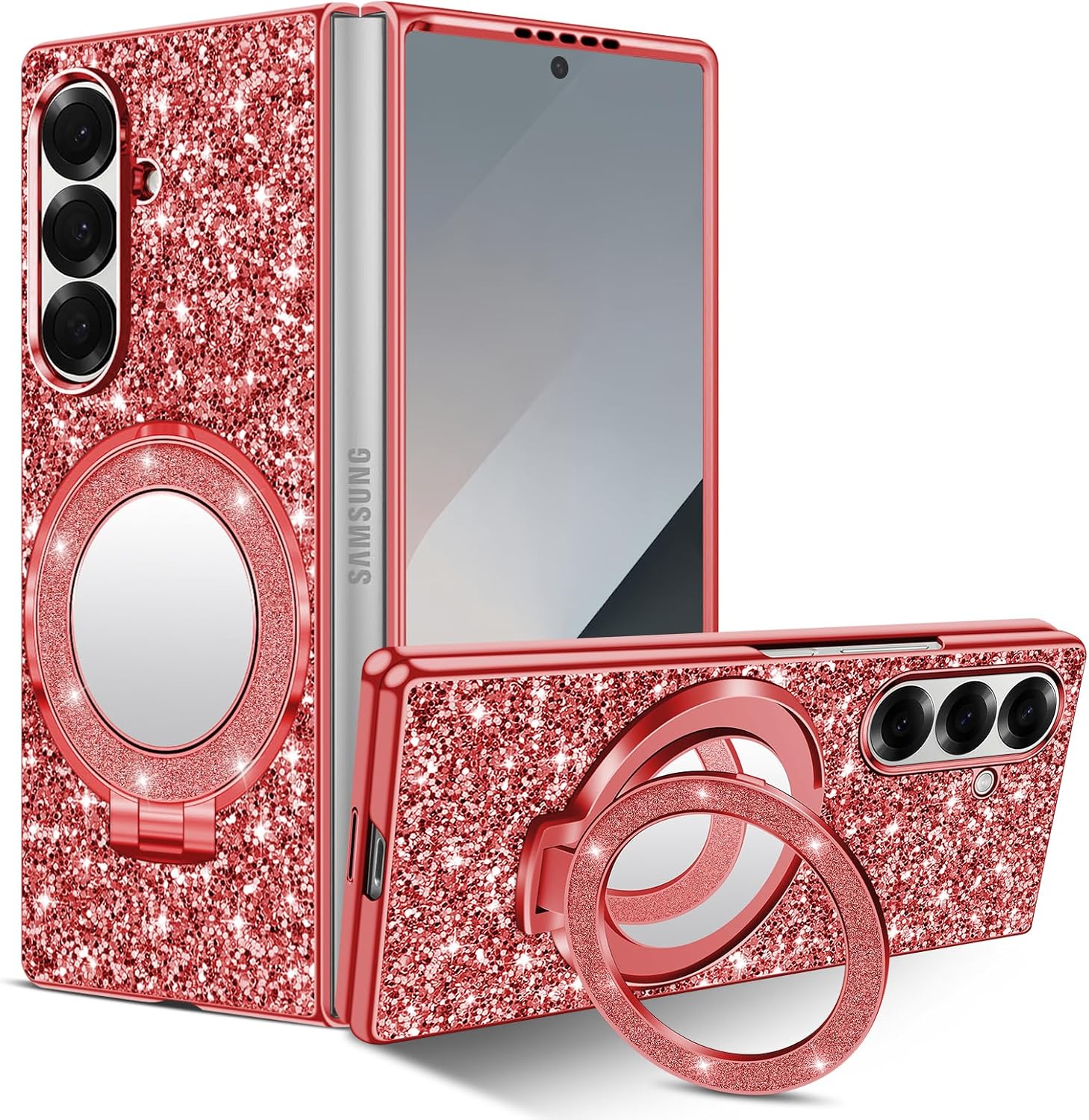 Silicone Case for Samsung Galaxy Z Fold 7 5G Phone Case Glitter Sparkle Bling Matte Back Cases with Mag-Safe, Makeup Mirror, Stand Shockproof Protective Cover for Samsung Z Fold 7 Funda (Rose Gold)