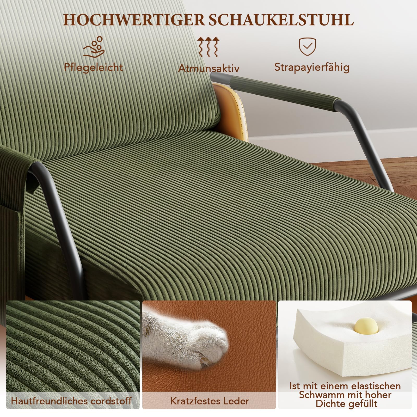 Schaukelstuhl mit Fußstütze, Schaukelsessel mit Verstellbare Rückenlehne, Gepolsterter Breiter Relaxsessel Relaxstuhl Sessel mit Seitentaschen für Wohnzimmer Schlafzimmer, Grün