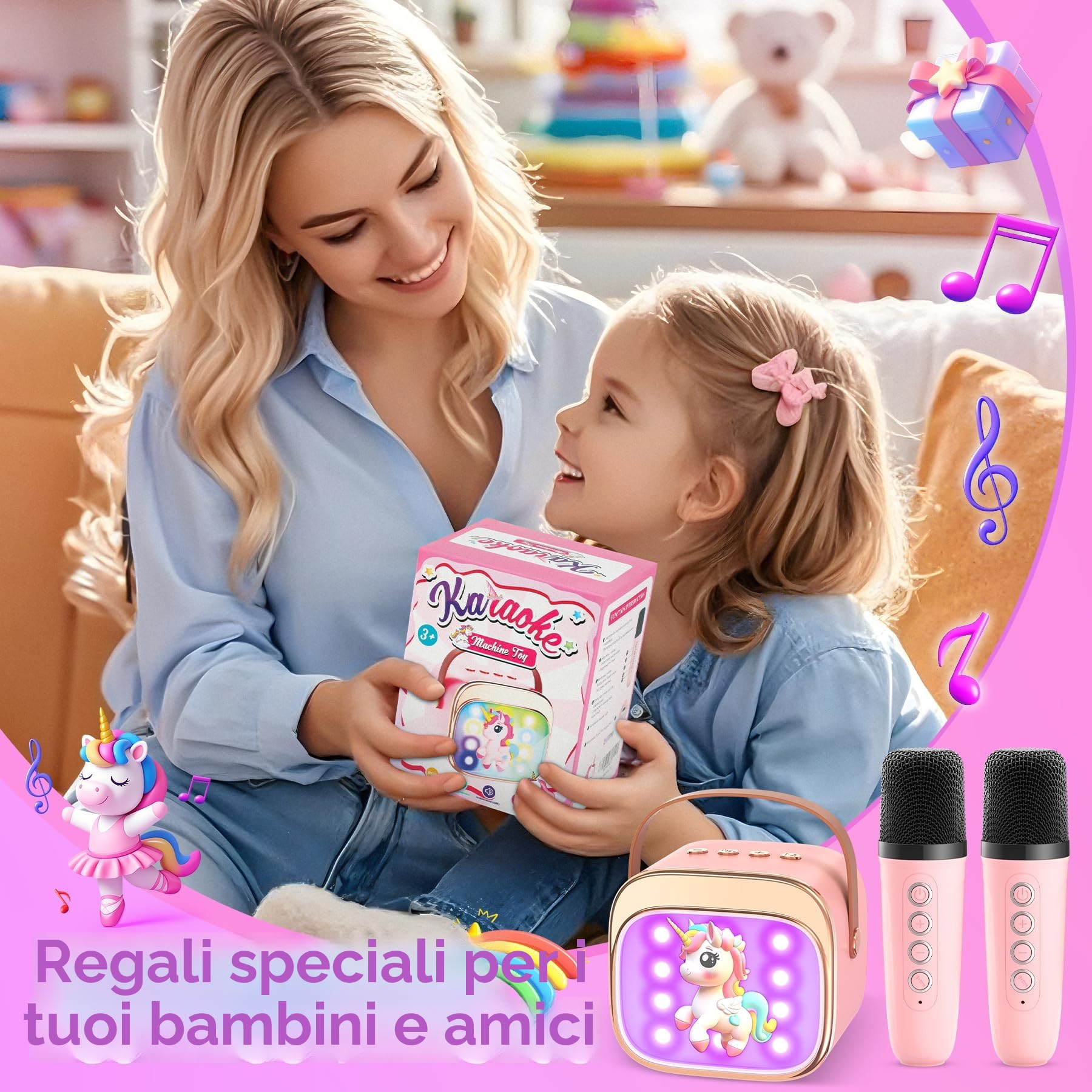 Karaoke con 2 Microfoni Bambini Macchina Musicale LED Regalo Bambine 3-12 Anni Unicorno