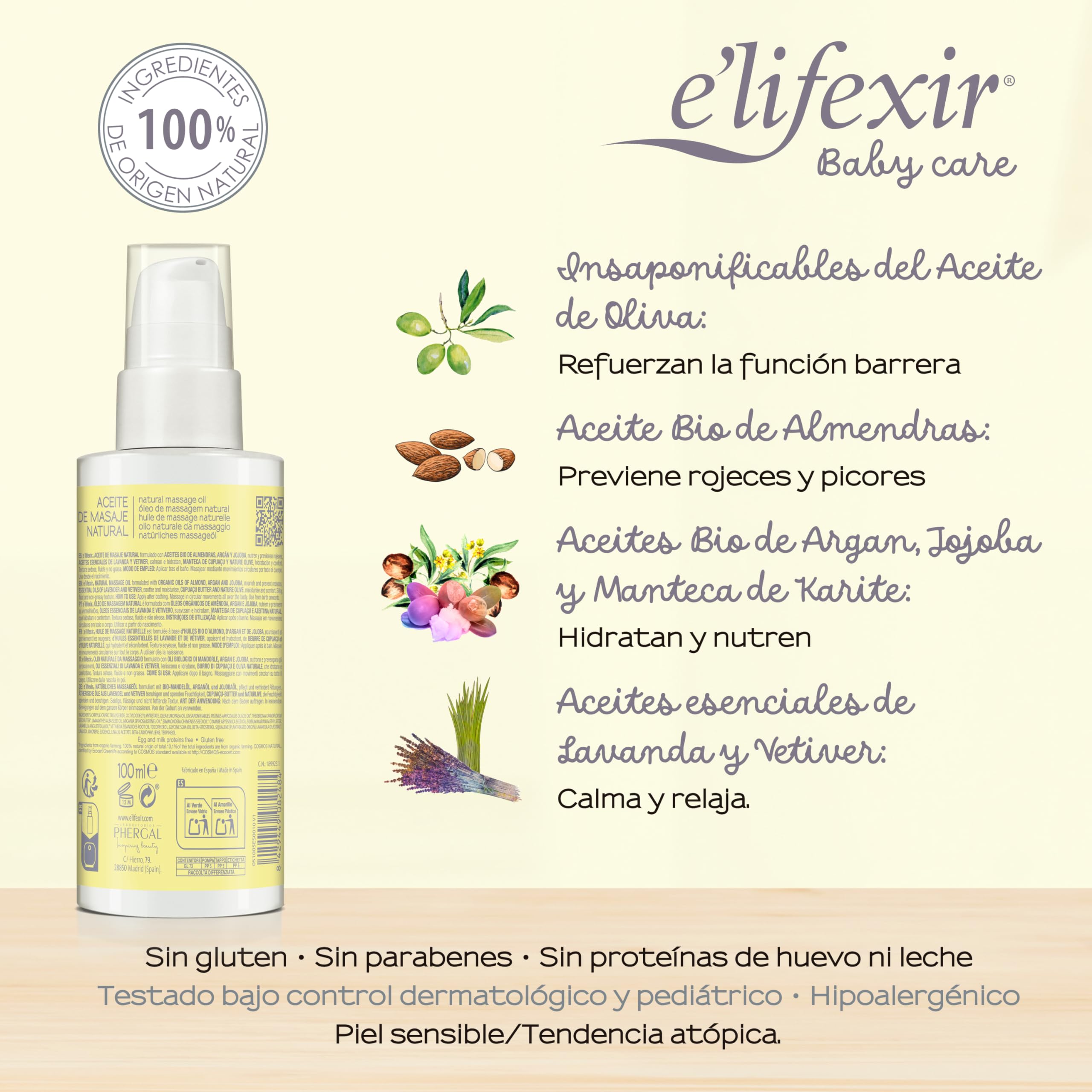 Elifexir Baby Care Aceite Masaje Natural para Bebé, Hidrata Intensamente, Calma y Relaja, 100% Ingredientes Naturales, Uso Desde el Nacimiento, Apto Piel Sensible, 100 ml