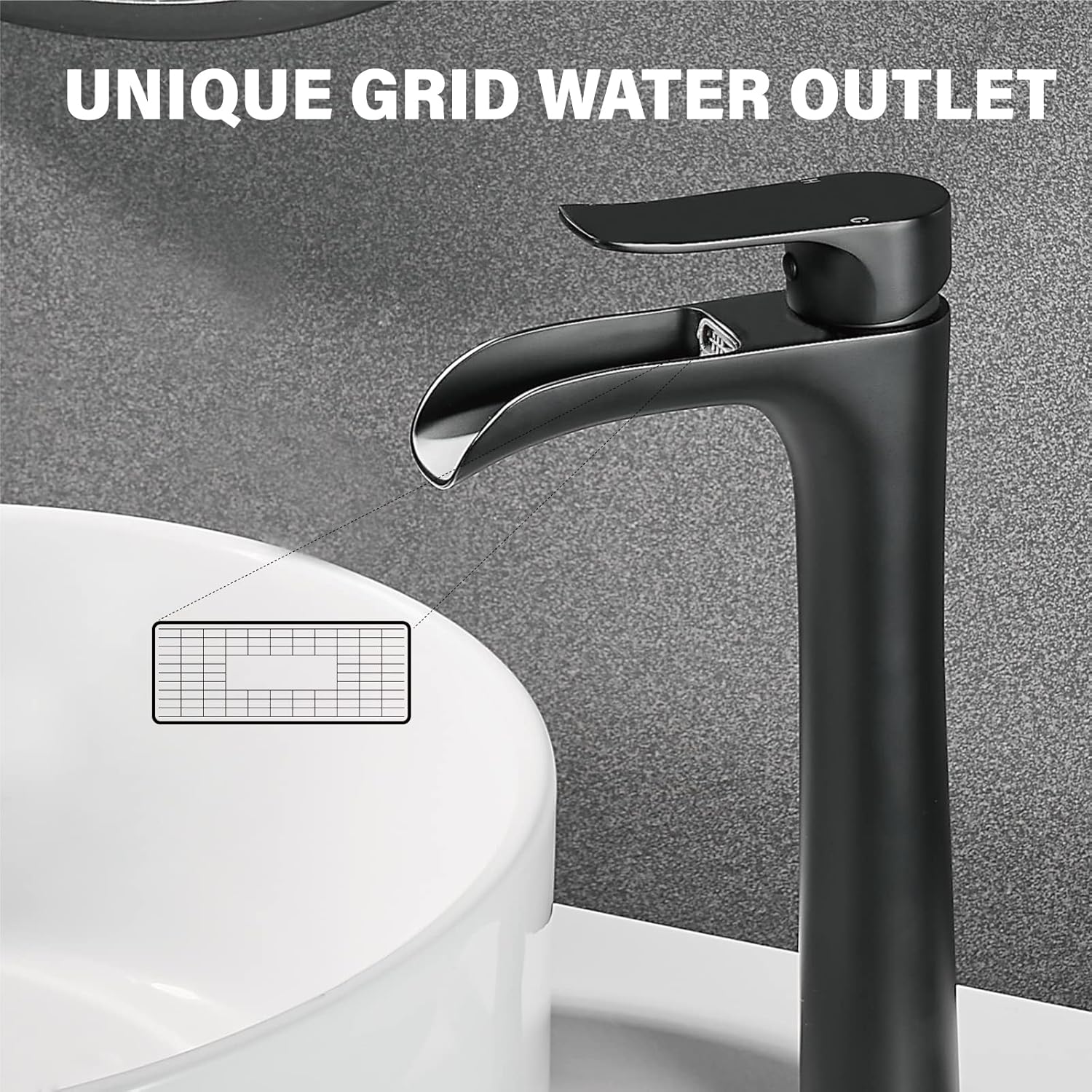 YUNDOOM Matte Black Vessel Sink Faucet, Deck Mount, Single Hole, Waterfall Design, Easy Installation, Durable, Drip-Free, Ceramic Disc Cartridge Valve, Solid Brass Material - Image 3