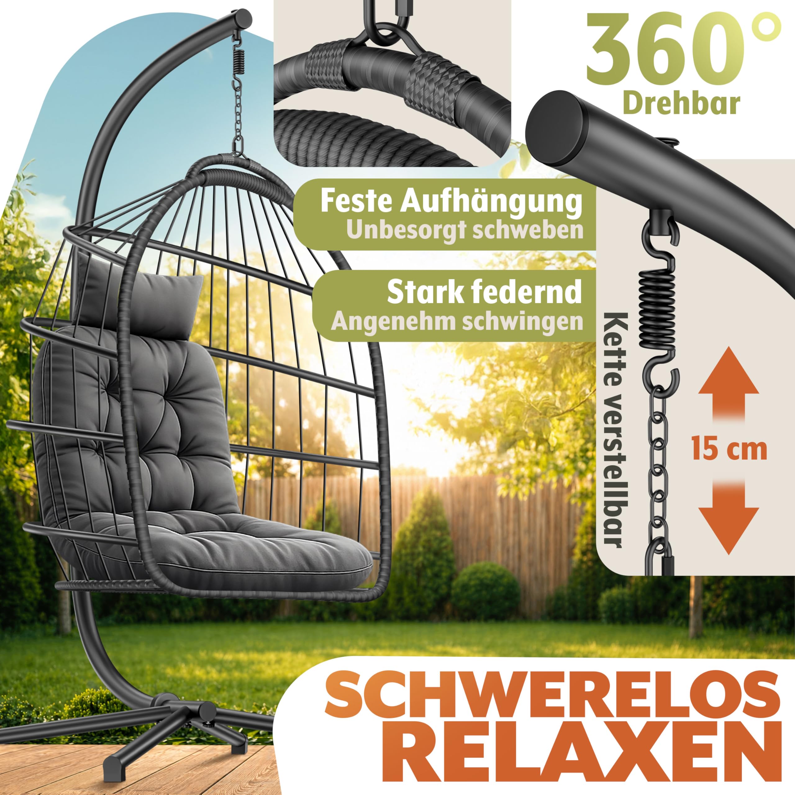 ELONEO Hängesessel mit Gestell und Premium Polster, Hängesessel Outdoor und Indoor inkl. Abdeckplane, Hängeschaukel Outdoor belastbar bis 160kg, Hanging Chair, anthrazit