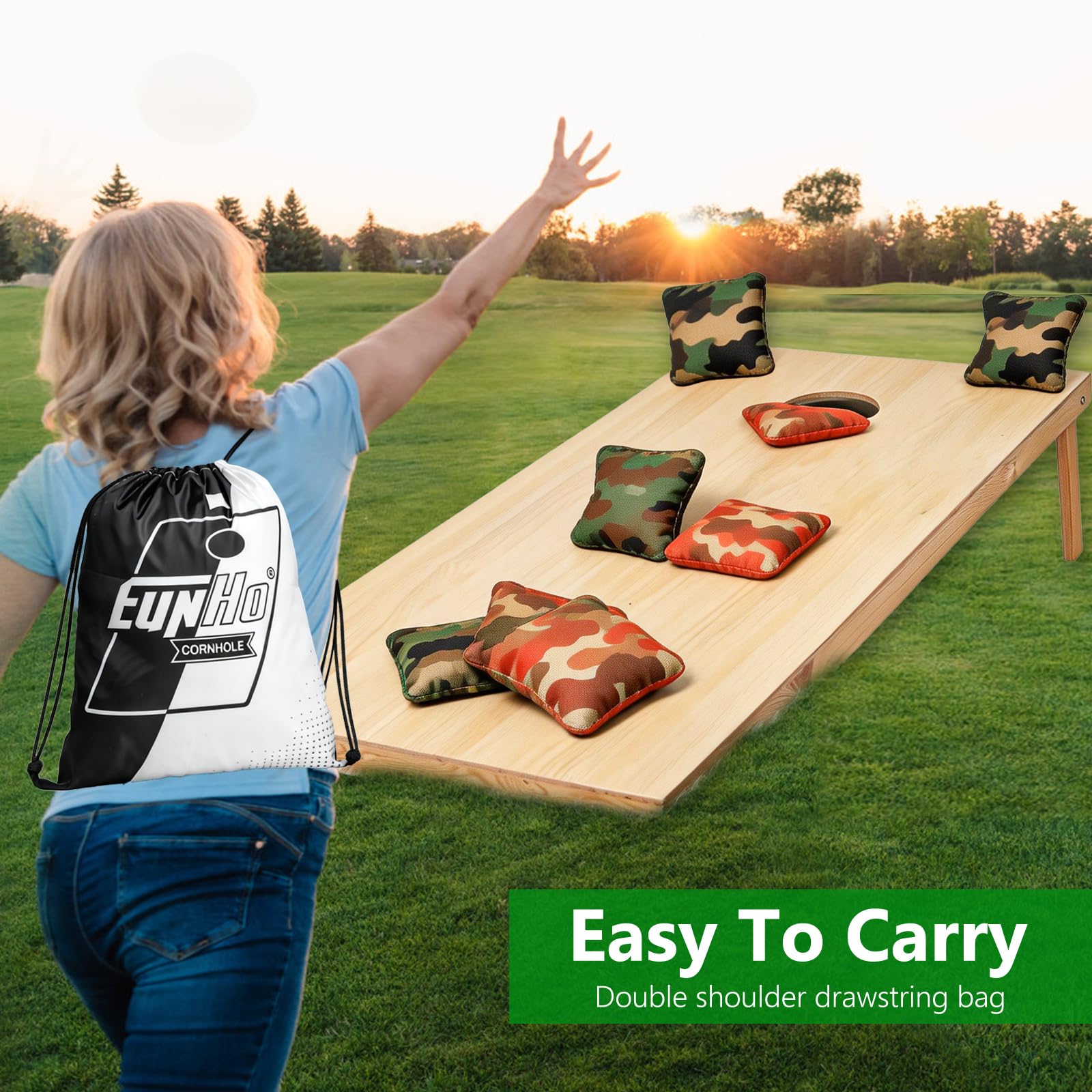 EunHo Juego de 8 Bolsas de Cornhole de Doble Cara, tamaño Profesional reglamentario (66 Pulgadas)/Peso (16 onzas), Bolsas de Frijoles Laterales pegajosas y resbaladizas para Juegos de Lanzamiento