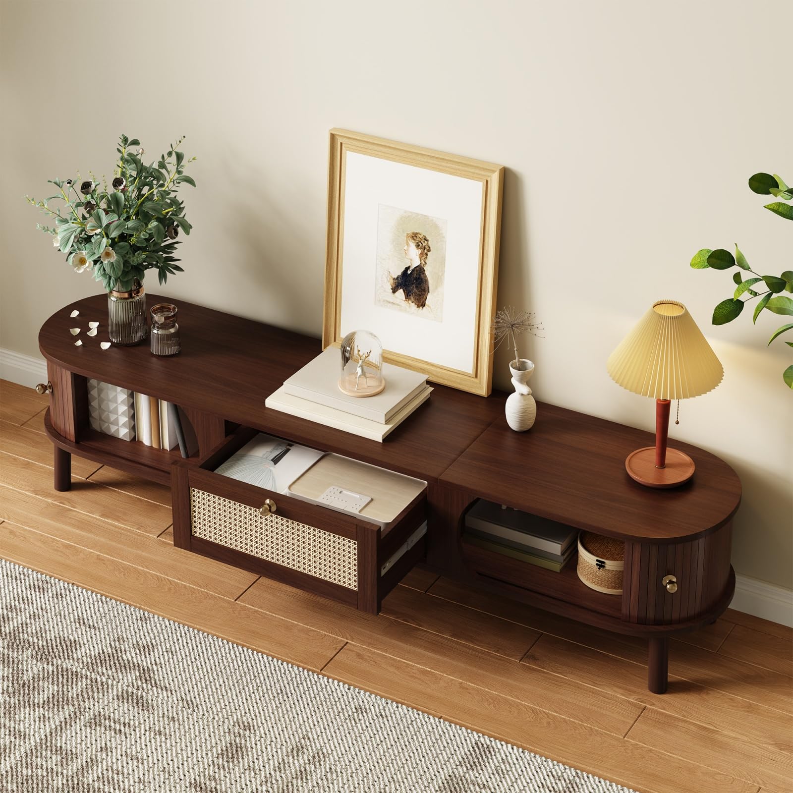 PUGSDRLY Meuble TV avec tiroirs 170 L x 39,5 B x38 H, TV Table pour Salon avec 2 Portes (Natural)