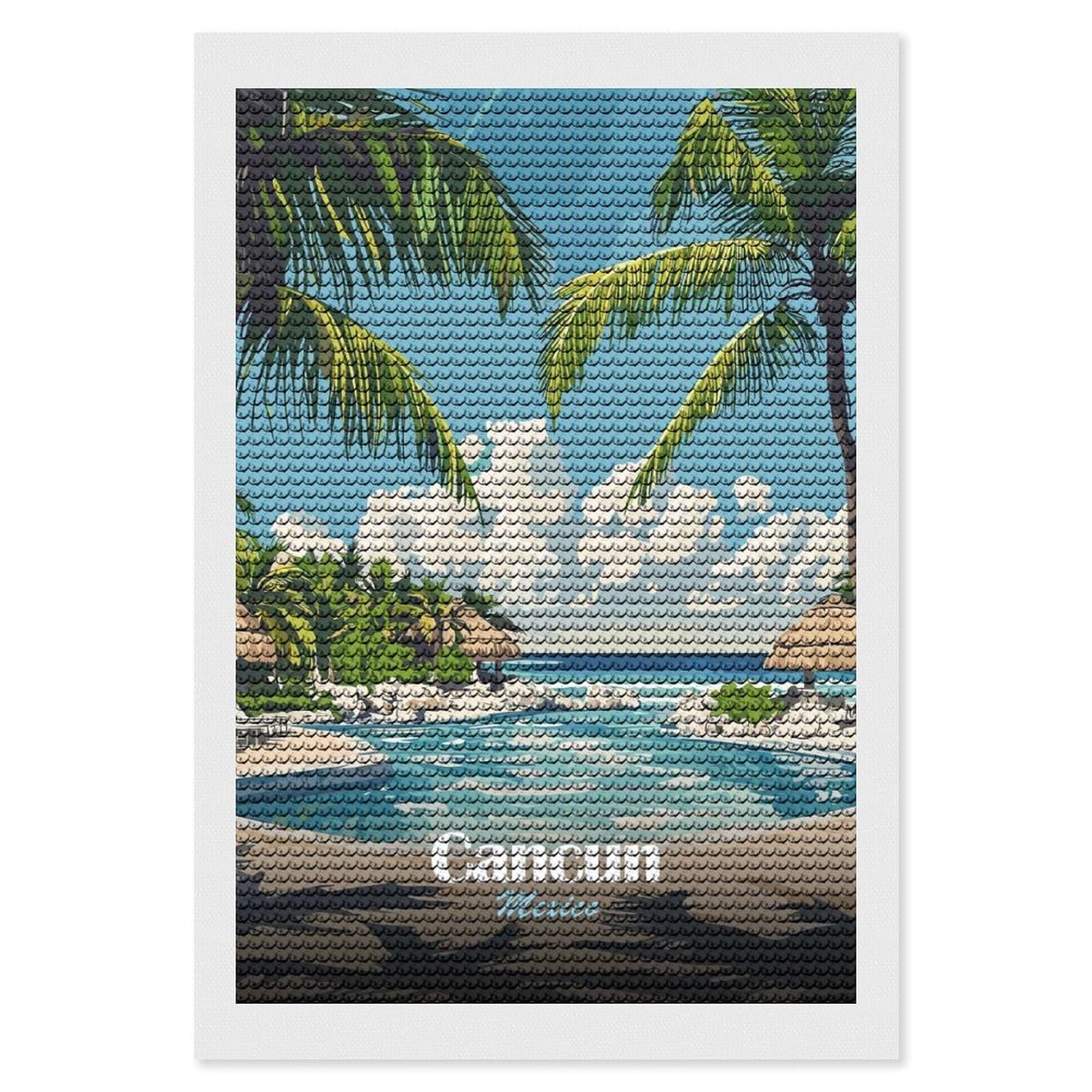 Junmoney Cancun Mexico Tropical Resort Diamond Painting Canvas Set 8"x12", Easy to Enjoy, Adhesive Canvas, Office Decor, Holiday Gift Idea, with Tool Kit