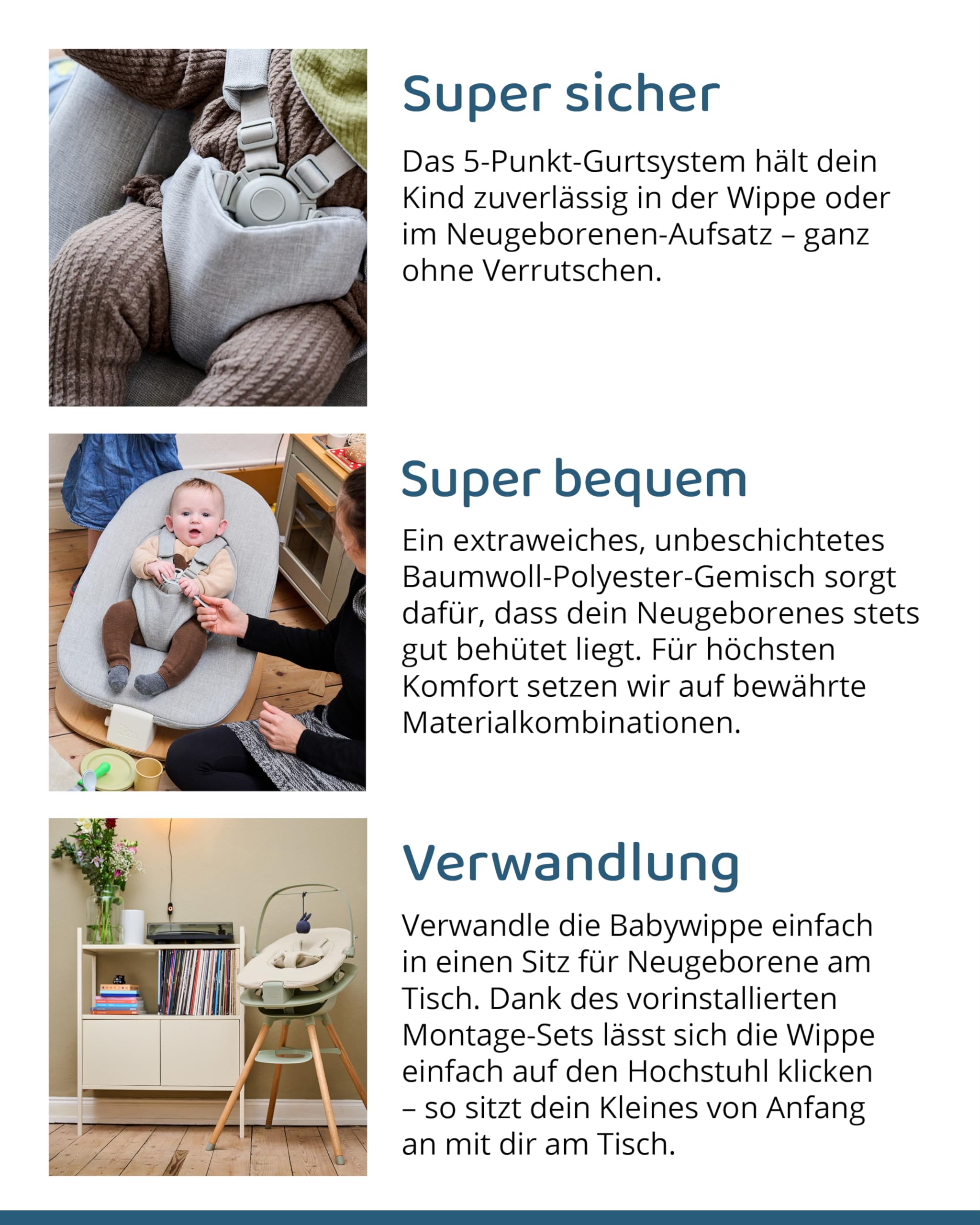 Ziza Babywippe für Neugeborene Vanilla/Grey - Wippe für Babys bis zu 9 kg, Geeignet zur Fixierung am Hochstuhl, Montage-Set inklusive, Sicherer Halt mit 5-Punkt-Gurt