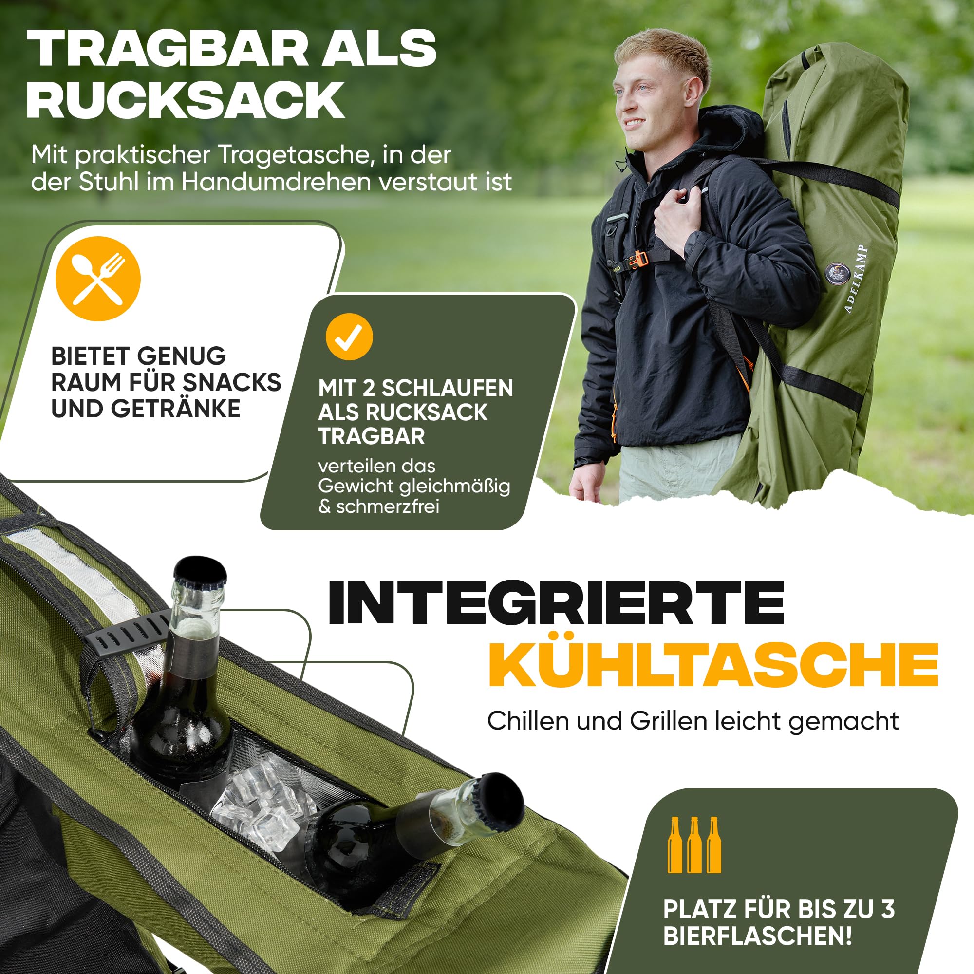 Campingstuhl Faltbar [Dick gepolstert] Ultragroß | Hoher Komfort | 150kg Belastbar | Mit Kühltasche & Getränkehalter – Testsieger 2024, Luxus Premium, Olivgrün