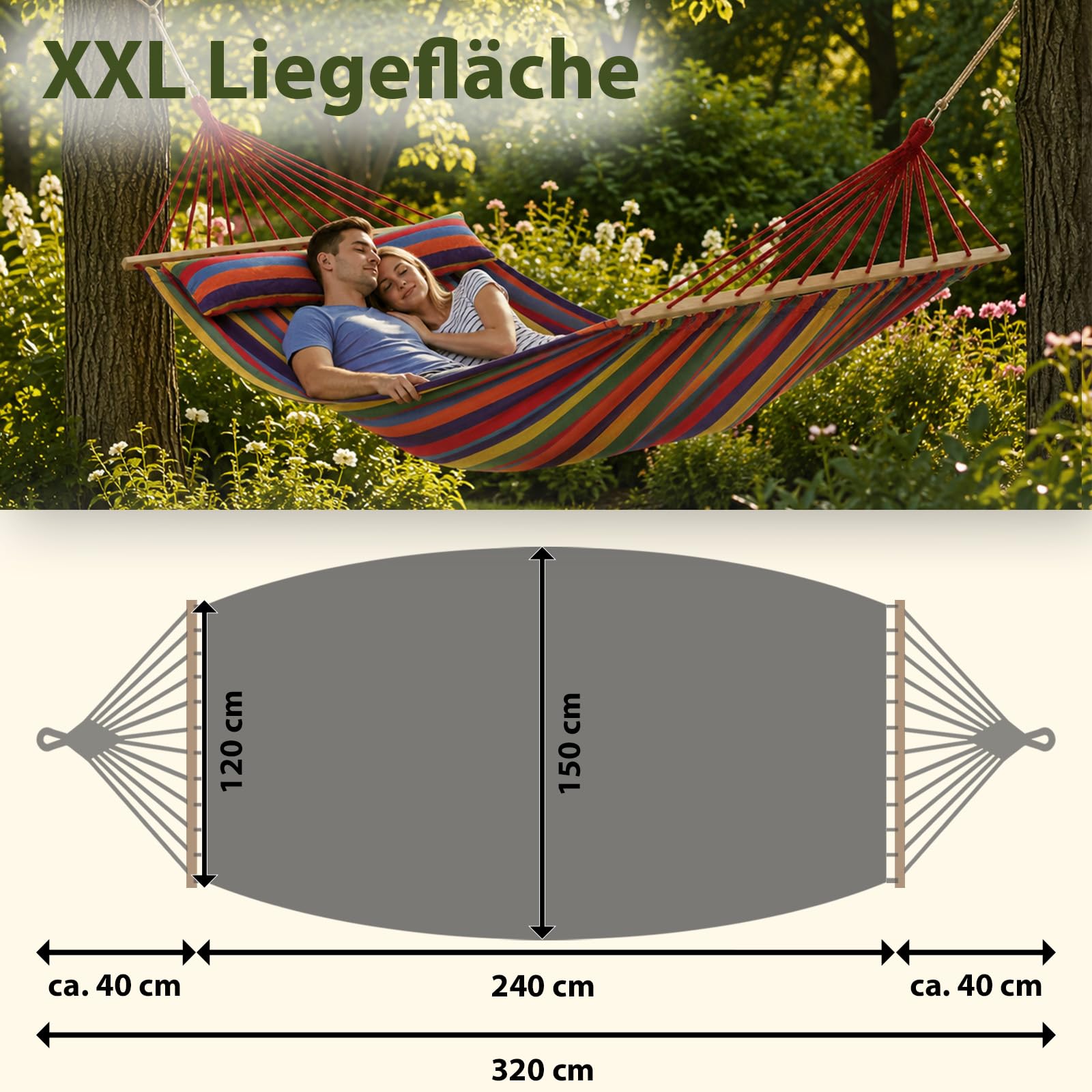 BB Sport Stabhängematte 240 x 150cm Hängematte inkl. 2 Kissen max. 300 kg 2 Personen Doppelhängematte Outdoor, Farbe:Jamaica