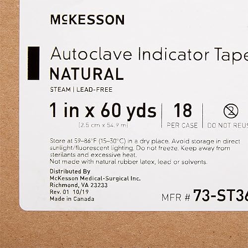 Miniatura 8 de McKesson Cinta indicadora de autoclave, natural, vapor, 1 in x 60 yardas, 18 unidades