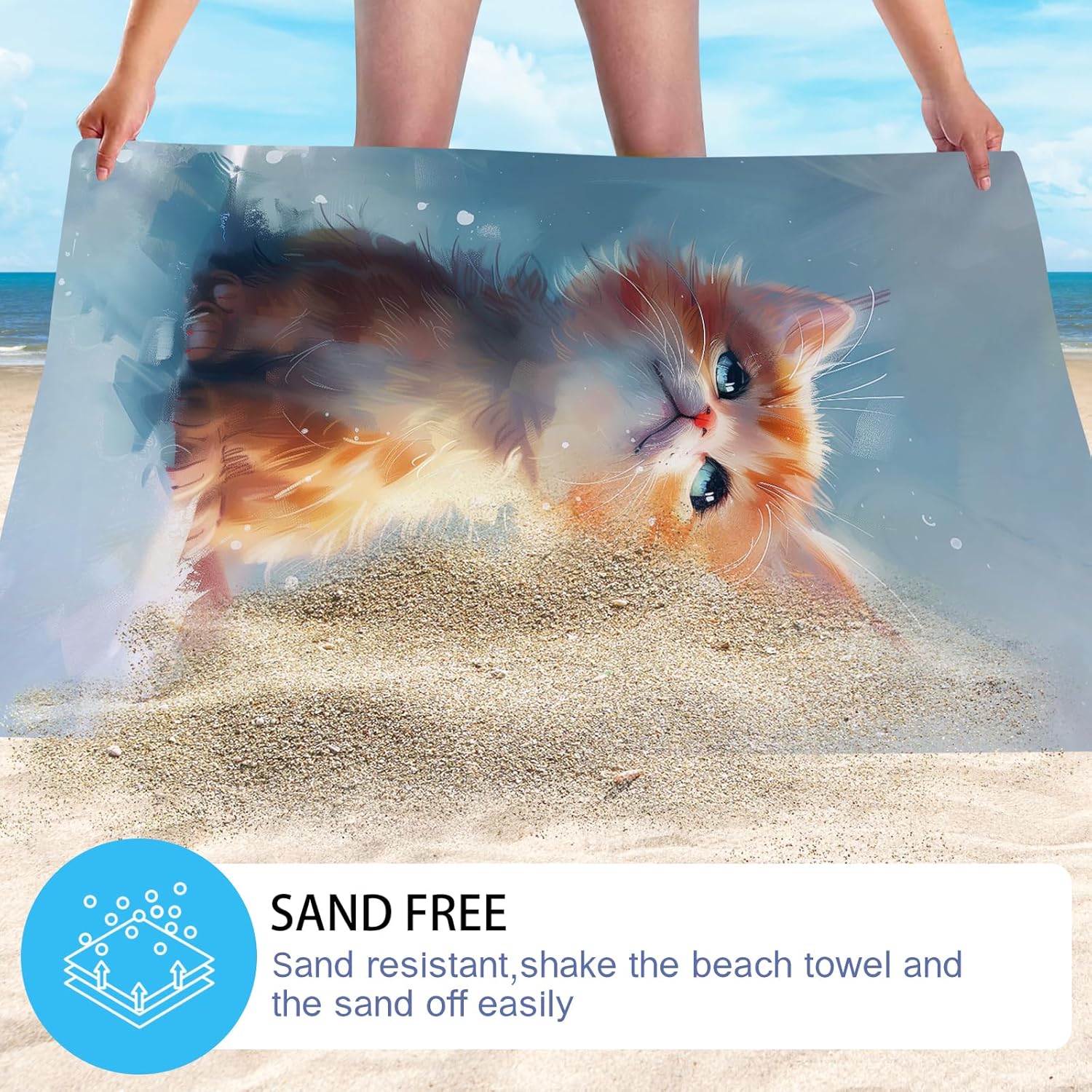 WZOMT Cute Cat Beach Towel, Microfiber Orange Cat Towels for Cats Lovers, Oversized Cats Bath Towel for Kids Girls, Quick Dry Sandproof Kitty Kitten Pool/Swim/Travel Towel, 32x52 Inch